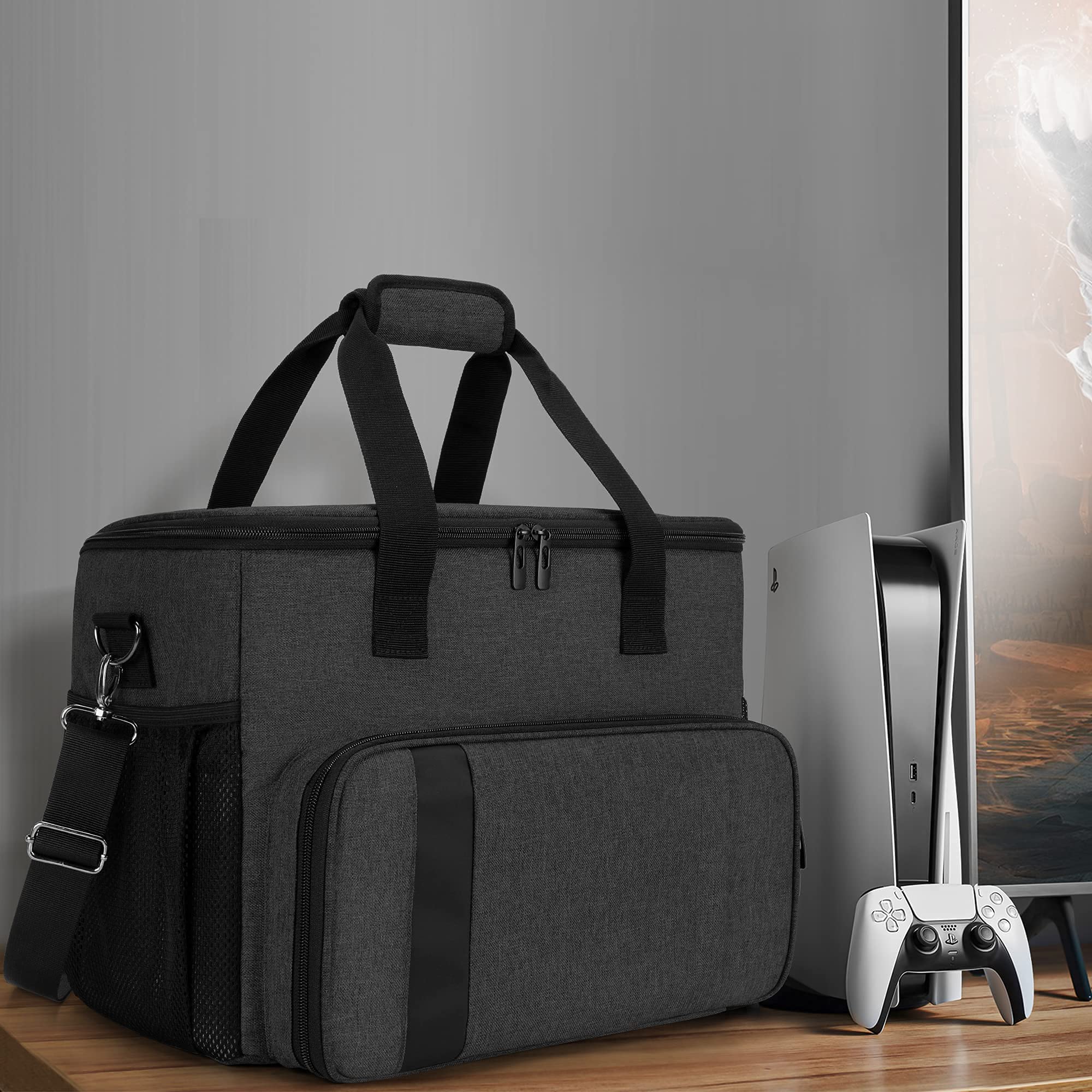 CURMIO Universal Gaming Console Carrying Case - Compatible with PS5, PS4, PS4 Pro, Xbox Series S/X, Xbox One & 360 - Protective Storage Bag for Controllers & Accessories (Black) - Perfect for Travel, Storage & Gaming Parties