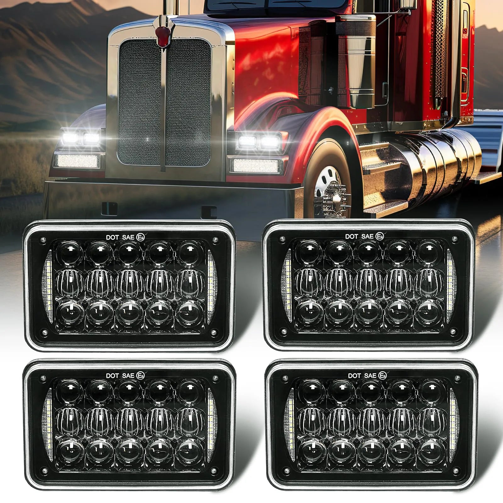 60W 4x6 Inch LED Headlight Kit with DRL - Compatible with Peterbilt, Kenworth, Freightliner, Ford, Chevrolet Trucks | High-Performance Rectangular Replacement for Improved Night Driving & Safety