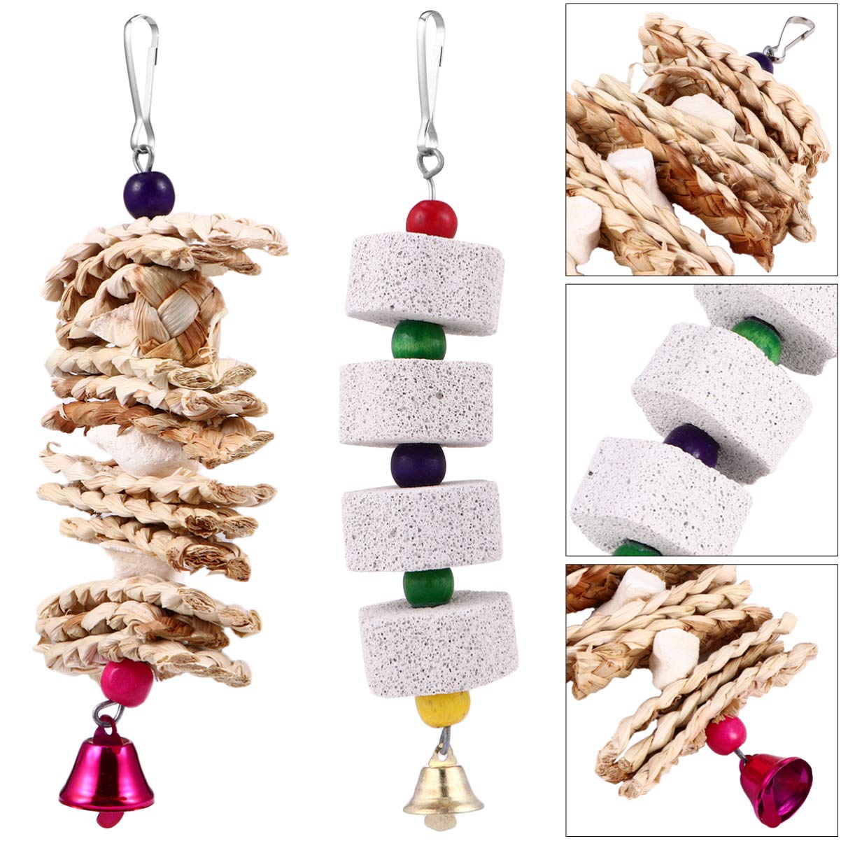 Balacoo Parrot Chew Toys - 2 Pack Woven Grass Molar Chewing Toys with Bell for Teeth Grinding & Bite Care | Hanging Cage Hammock Toys for Parakeets & Pet Birds | Perfect for Cage Enrichment & Beak Maintenance
