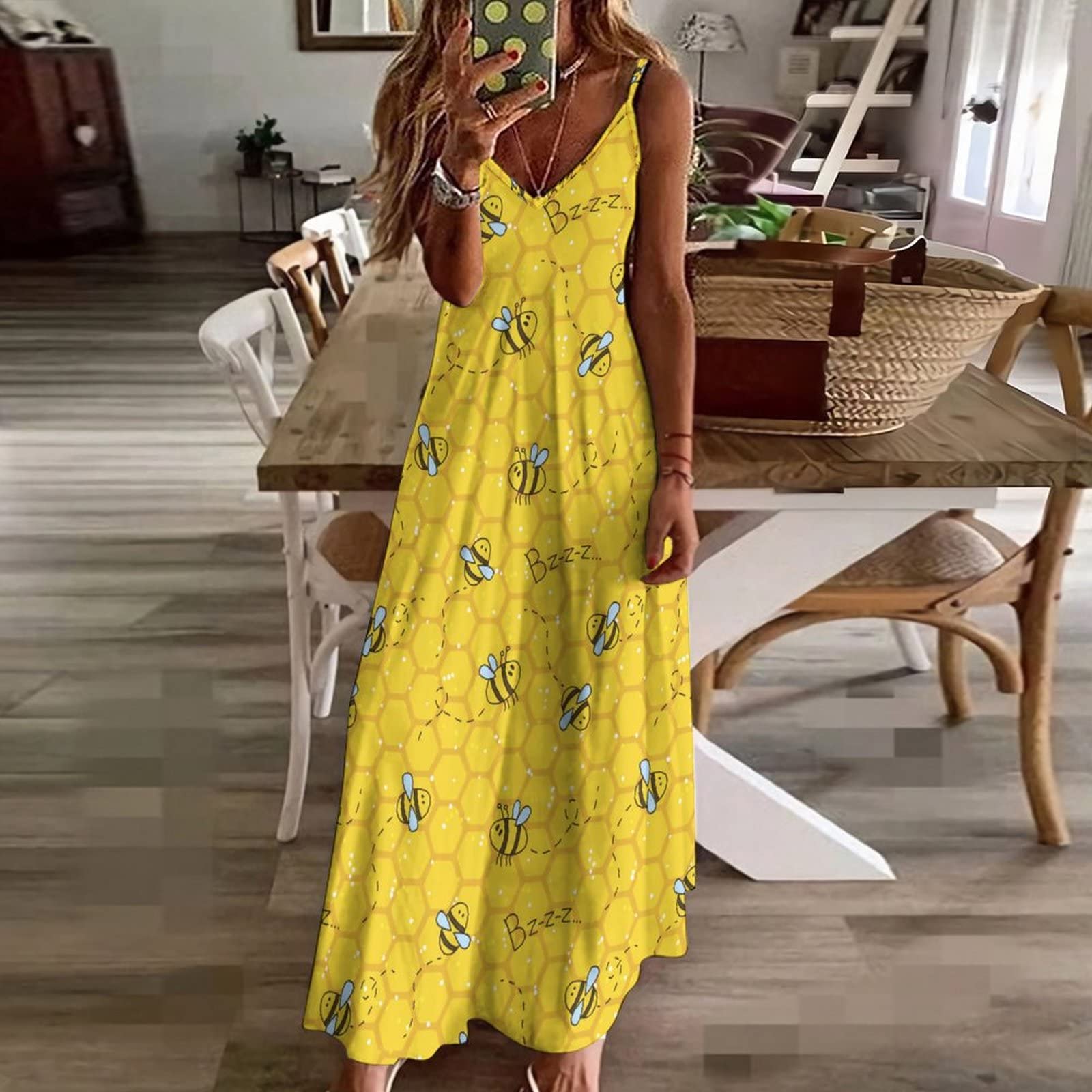 Women's Summer Maxi Dress with Cute Honey Bee Print - Flowy Beach Sundress for Vacation, Casual Outfits & Outdoor Activities