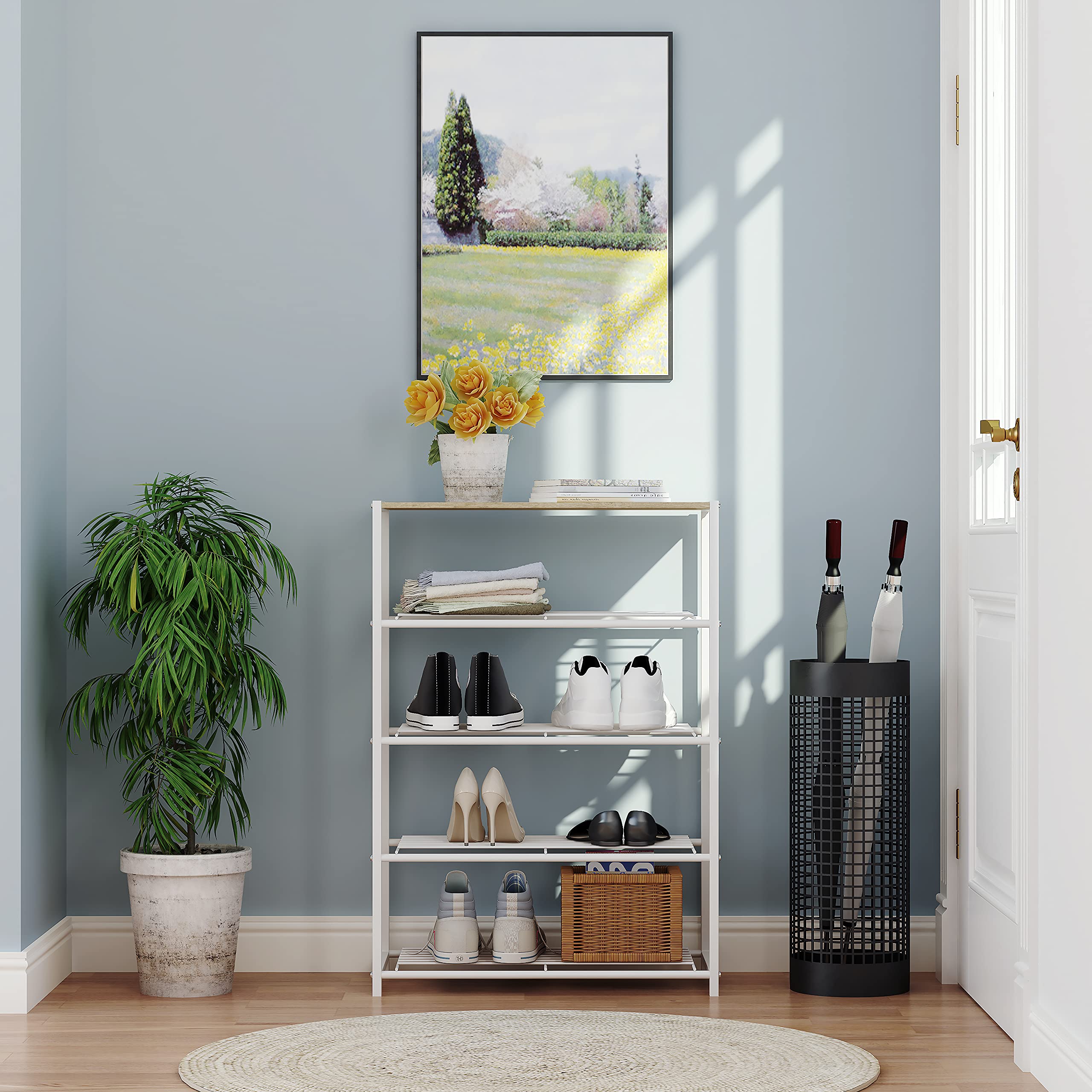 5-Tier Industrial Shoe Rack Organizer - Narrow Sturdy Metal Shoe Storage Shelf for Closet & Entryway - Space-Saving Shoe Display for Home & Office (White)