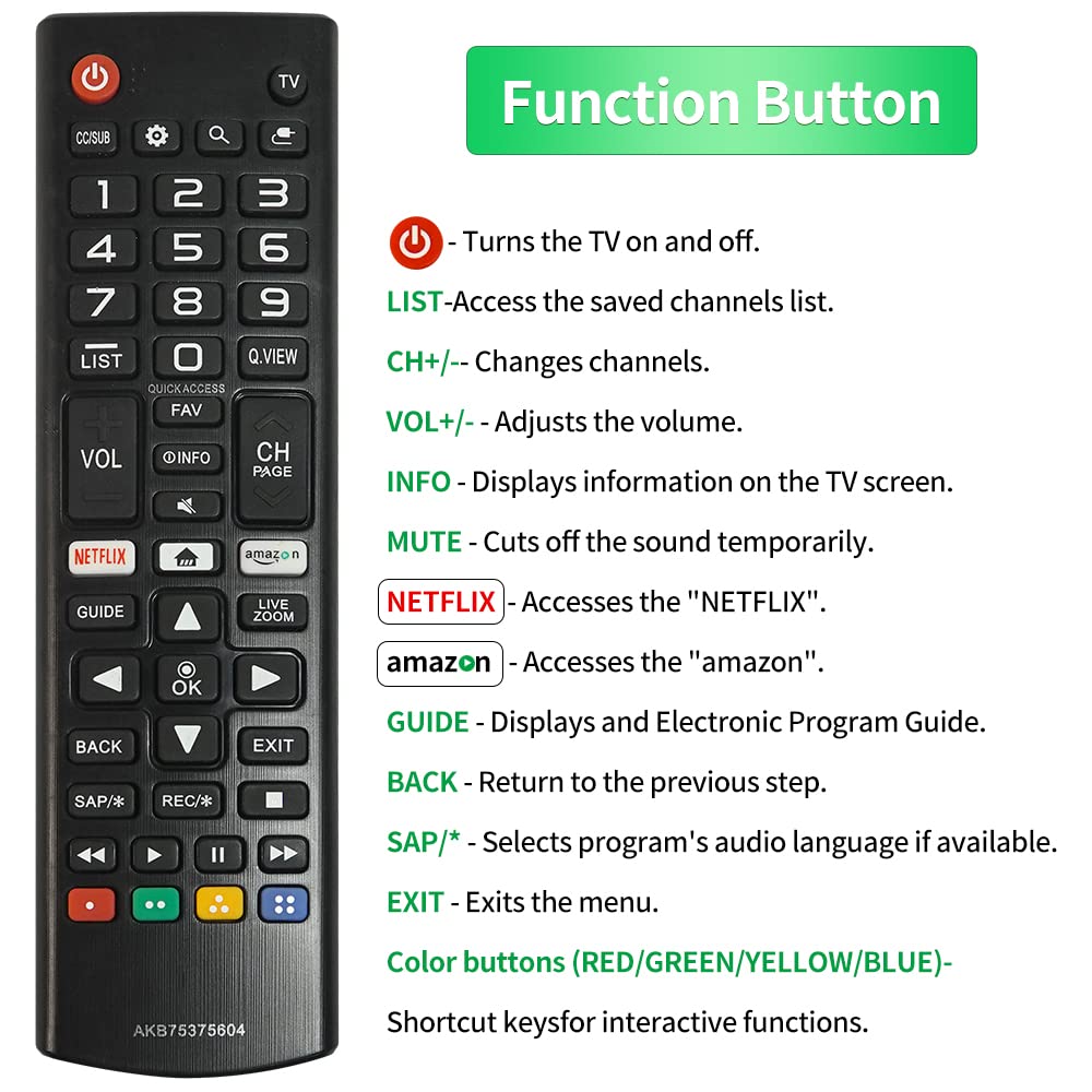 AKB75375604 Replacement Remote Control for LG Smart TV - Universal Infrared Remote Compatible with Multiple LG Smart TV Models | Perfect for Living Room, Bedroom & Home Theater Setup
