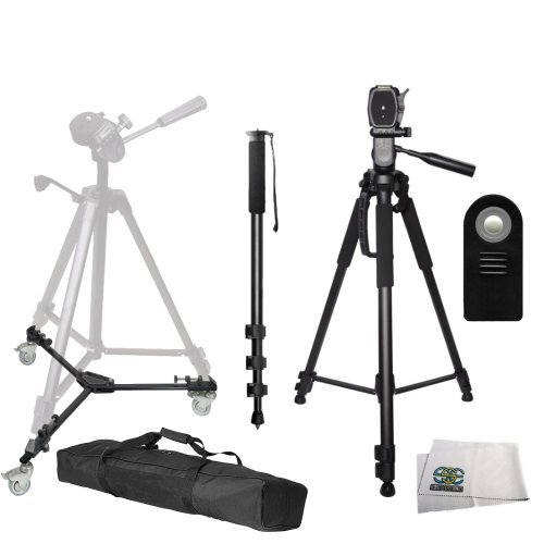 72-inch Professional 3-Way Panhead Tripod with Tilt Motion, Built-in Bubble Levels, Quick Release & Monopod - Includes Tripod Dolly, Wireless Remote & Cleaning Cloth for Canon/Nikon DSLR Cameras - Perfect for Photography, Videography, Travel & Outdoor Shooting