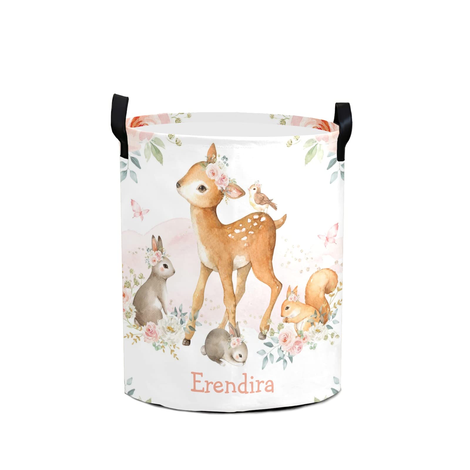 Personalized Woodland Animals Pink Floral Laundry Basket - Custom Name Collapsible Storage Bin & Toy Organizer, Perfect Baby Shower Gift for Nursery, Kids Room & Home Decor