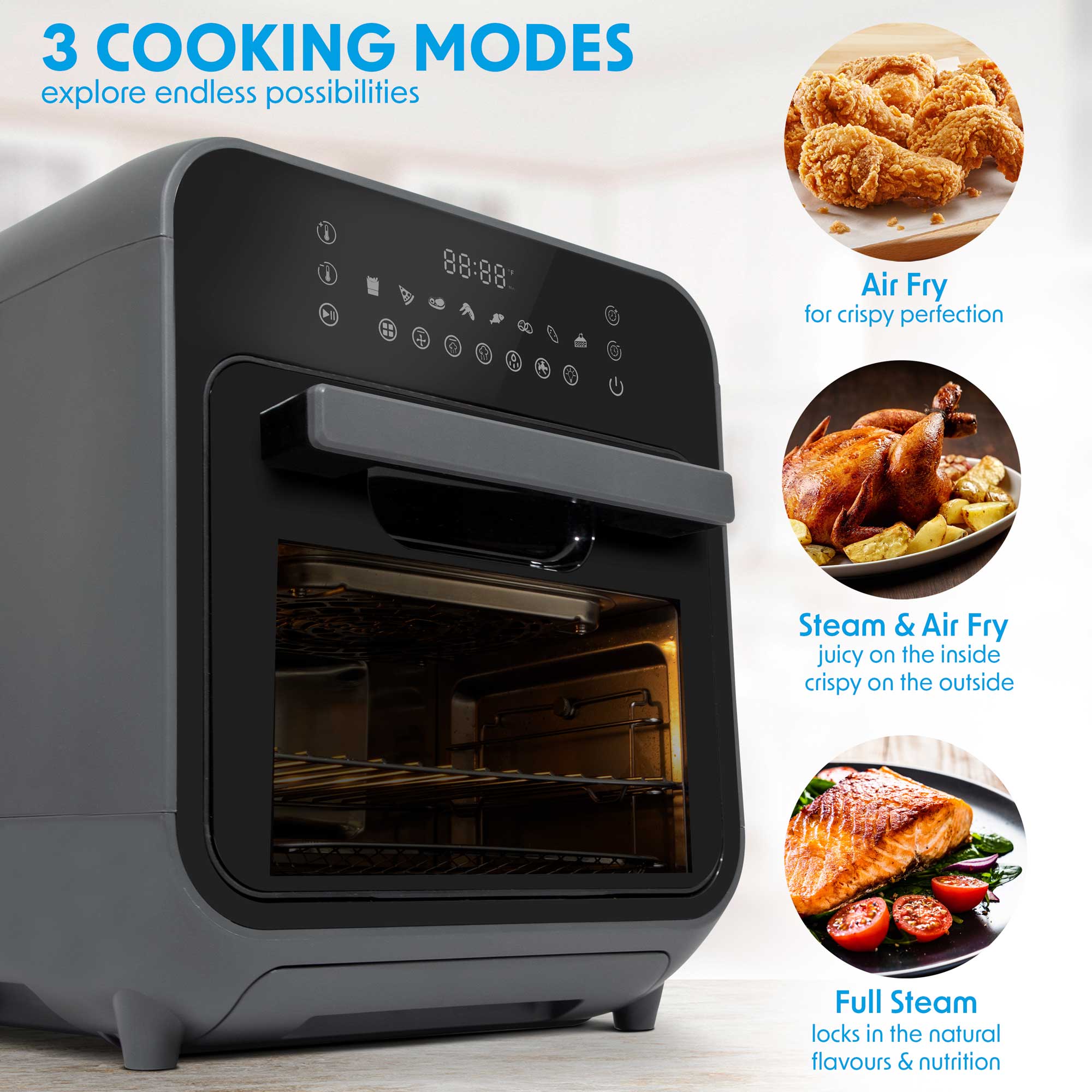 Baridi 15L Steam Air Fryer Oven Combo with Self-Cleaning - 8 Preset Functions, 1635W, Black - Perfect for Healthy Cooking, Baking, Roasting & Frying at Home