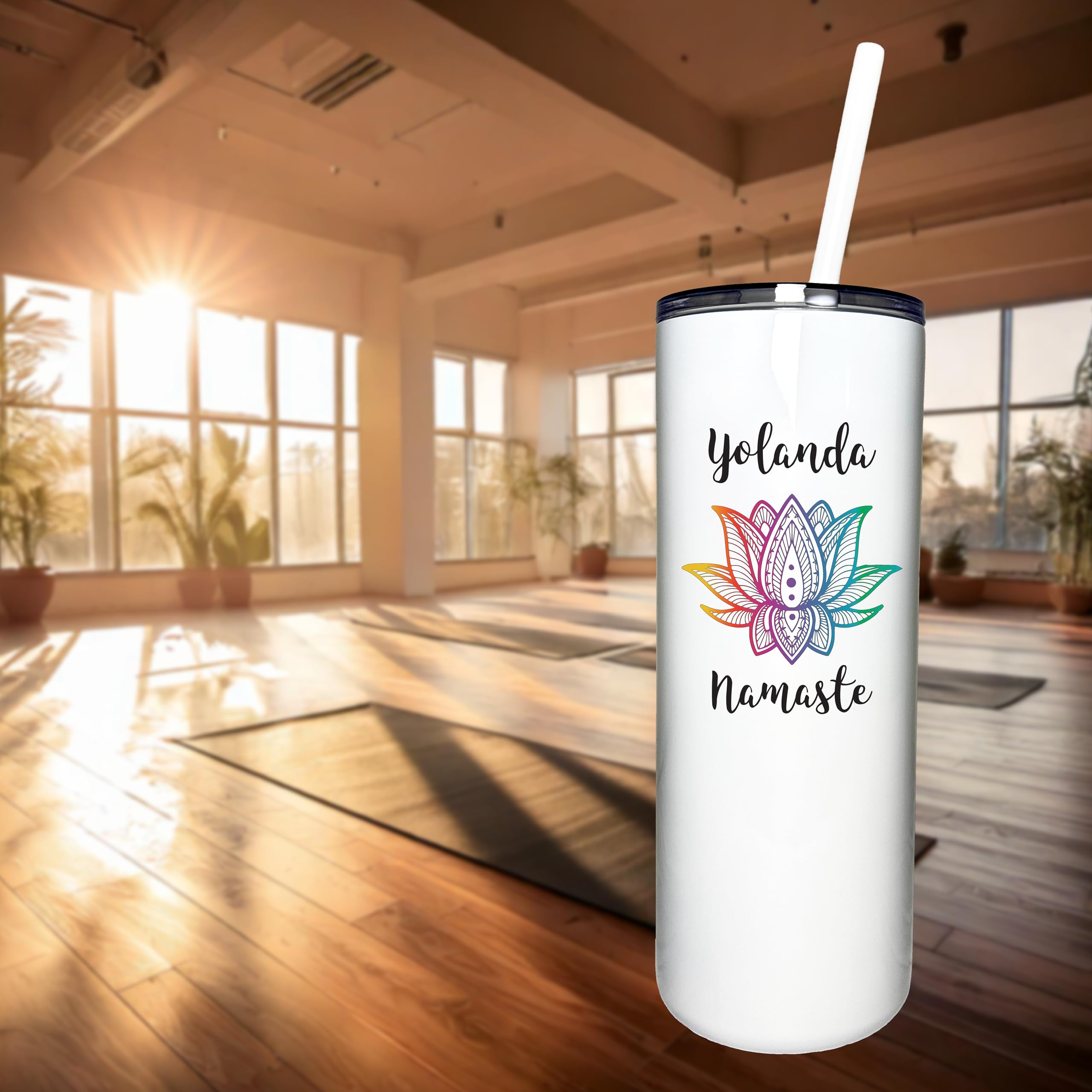 AVITO Personalized Yoga Namaste Tumbler - 18oz Stainless Steel Vacuum Insulated Tumbler with Lid & Straw - Perfect for Yoga, Gym & Outdoor Activities
