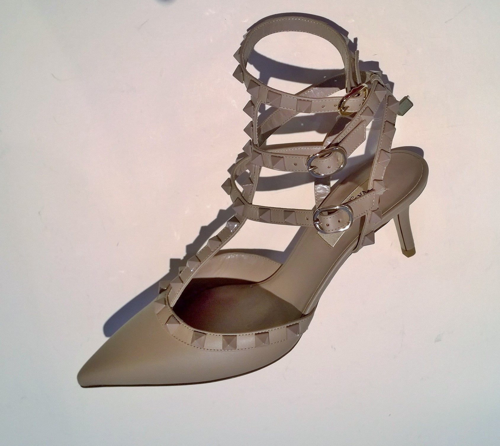 Valentino Garavani Rockstud Poudre Leather Heels in Dusty Beige - Matte Finish Pointed Toe Pumps for Women | Perfect for Weddings, Parties & Evening Events