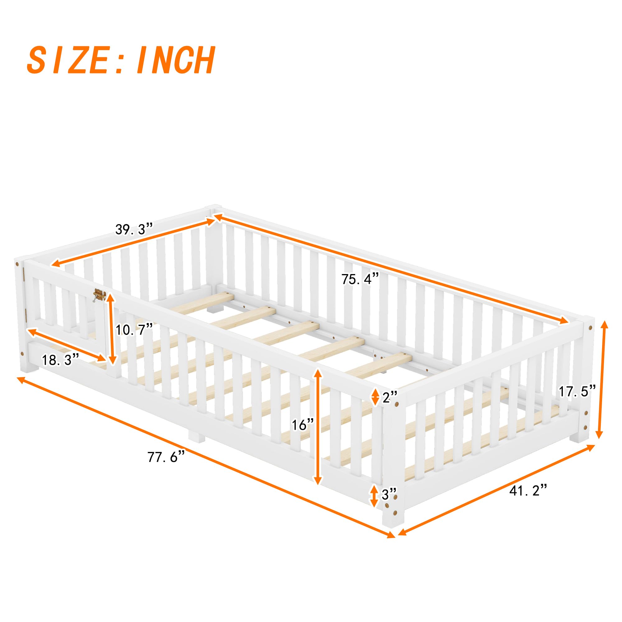 **Montessori Twin Size Floor Bed for Kids & Toddlers - Sturdy Solid Wood Frame with Safety Fence & Convertible Door - Playhouse Design for Bedroom, Nursery, or Playroom - White Twin Bed**