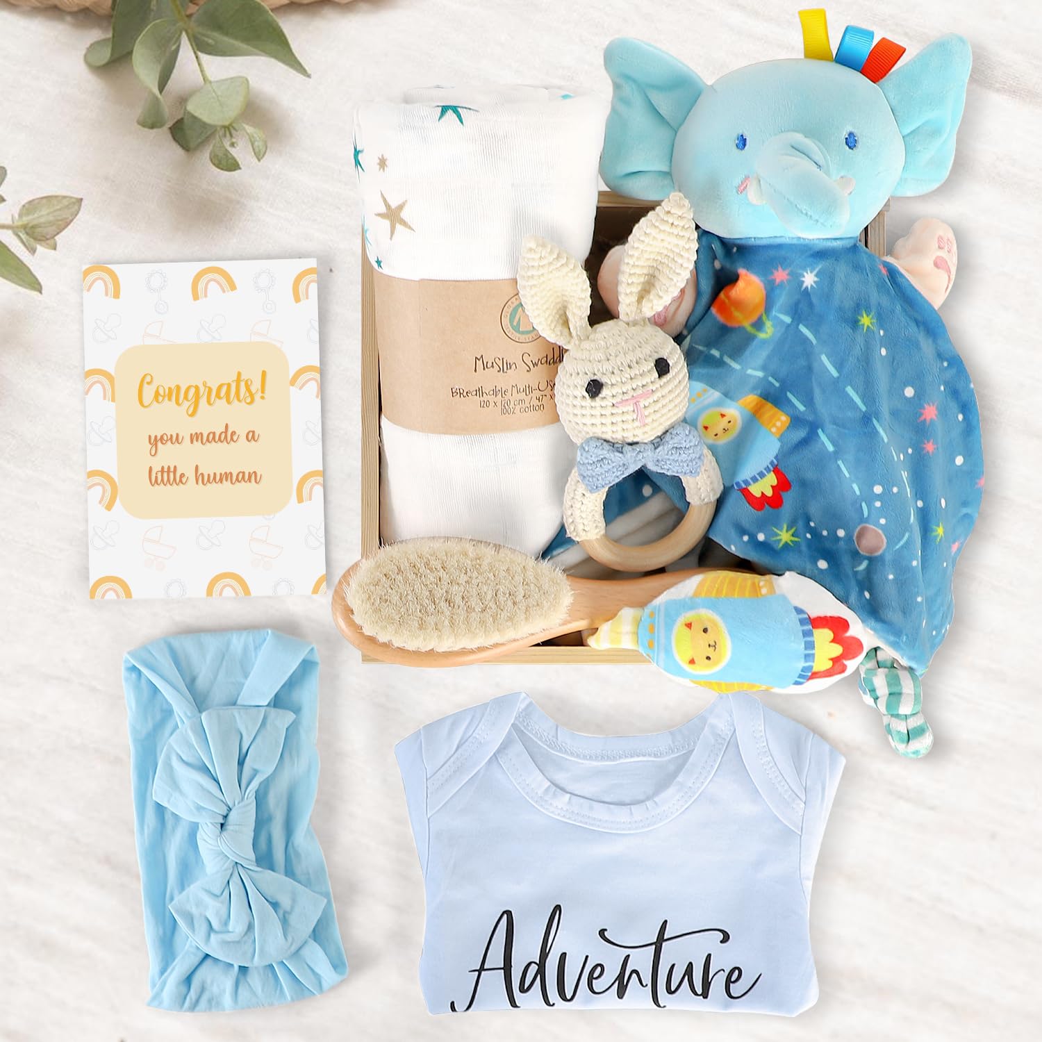 Baby Boy Gift Set - Wooden Baby Shower Gift Basket with Swaddle Blanket, Rattle Toy, Onesie, Headband Bow & Hair Brush | Newborn Essentials for Baby Showers, Christenings & First Birthday Gifts