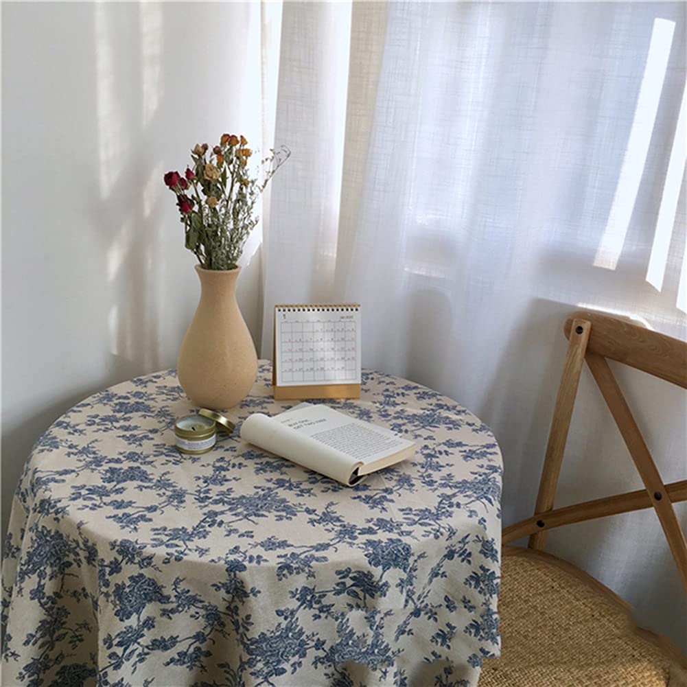 Vintage Cotton Linen Tablecloth - French Blue Floral Printed Rustic Table Cover for Farmhouse Dining Decor | Oblong & Square Washable Dust-Proof Fabric for Indoor/Outdoor Use | Perfect for Dinner Parties, Picnics & Home Decoration