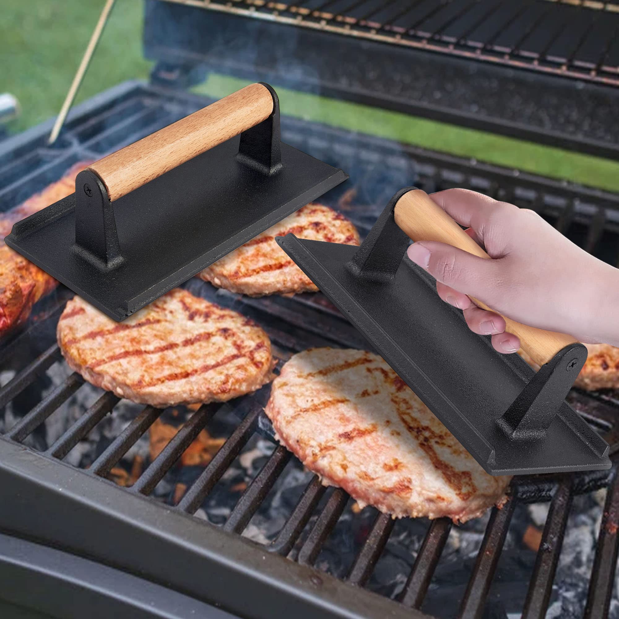 Leonyo Heavy Duty Cast Iron Grill Press with Wood Handle - Pre-Seasoned Bacon Press & Burger Smasher for Griddle Cooking - Perfect for Burgers, Steak, Panini, Sandwiches (8.2