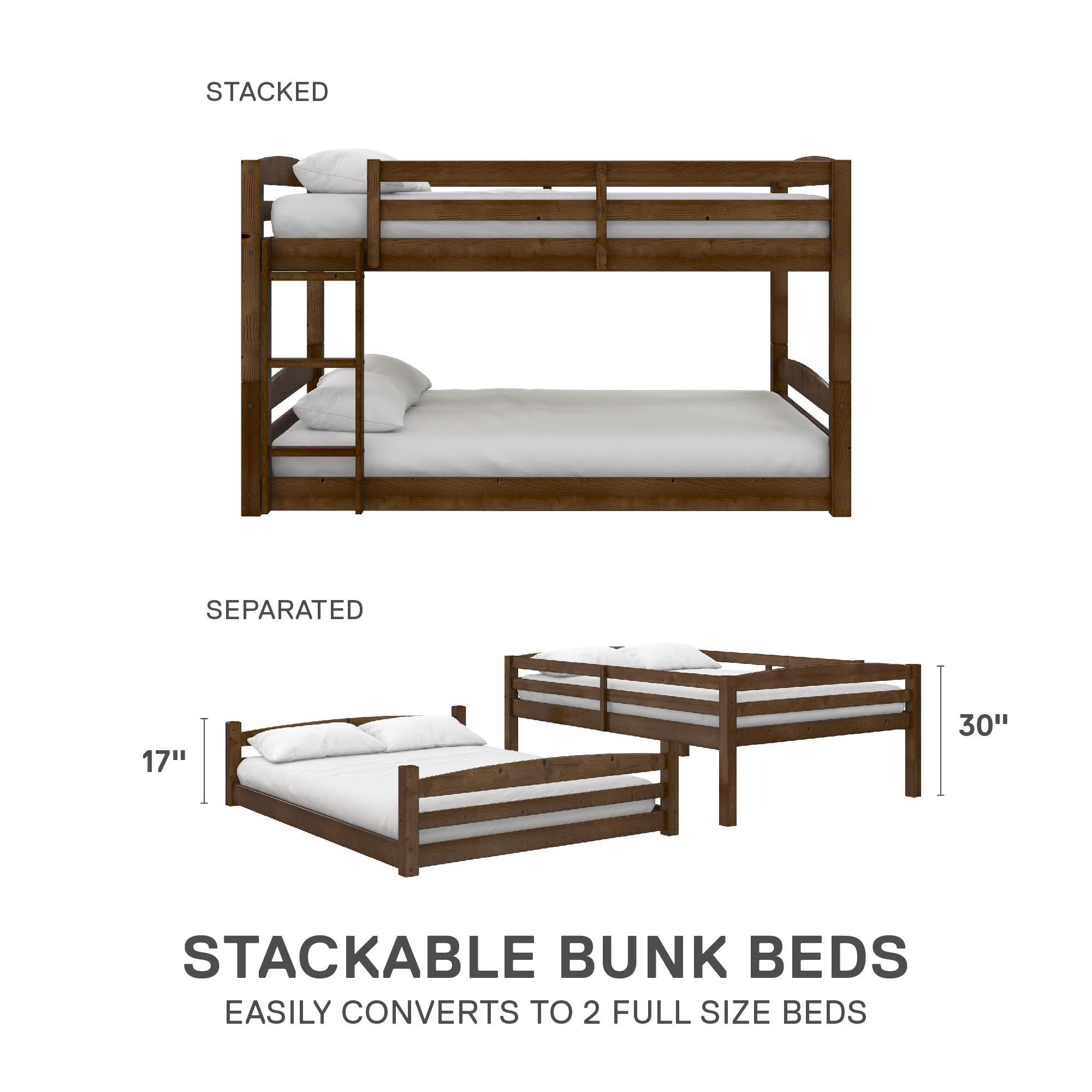 DHP Phoenix Convertible Low Wood Floor Bunk Bed - Full Over Full Stackable Kids Bed Frame with Ladder & High Guardrail | Solid Wood Construction, No Box Spring Needed | Perfect for Small Rooms, Guest Rooms & Kids' Shared Bedrooms