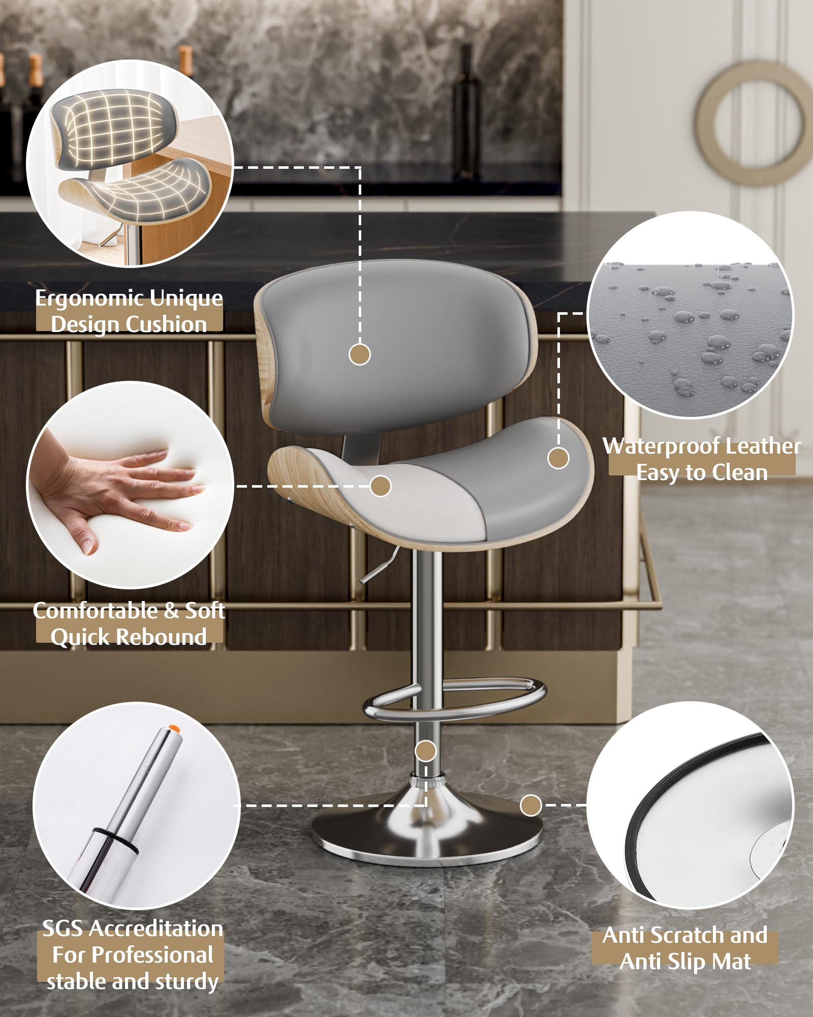 2 Pack Adjustable Swivel Leather Bar Stools - Mid Century Modern Counter Height Bar Chairs with Backrest & Footrest for Kitchen Island, Breakfast Nook or Home Bar (Grey)