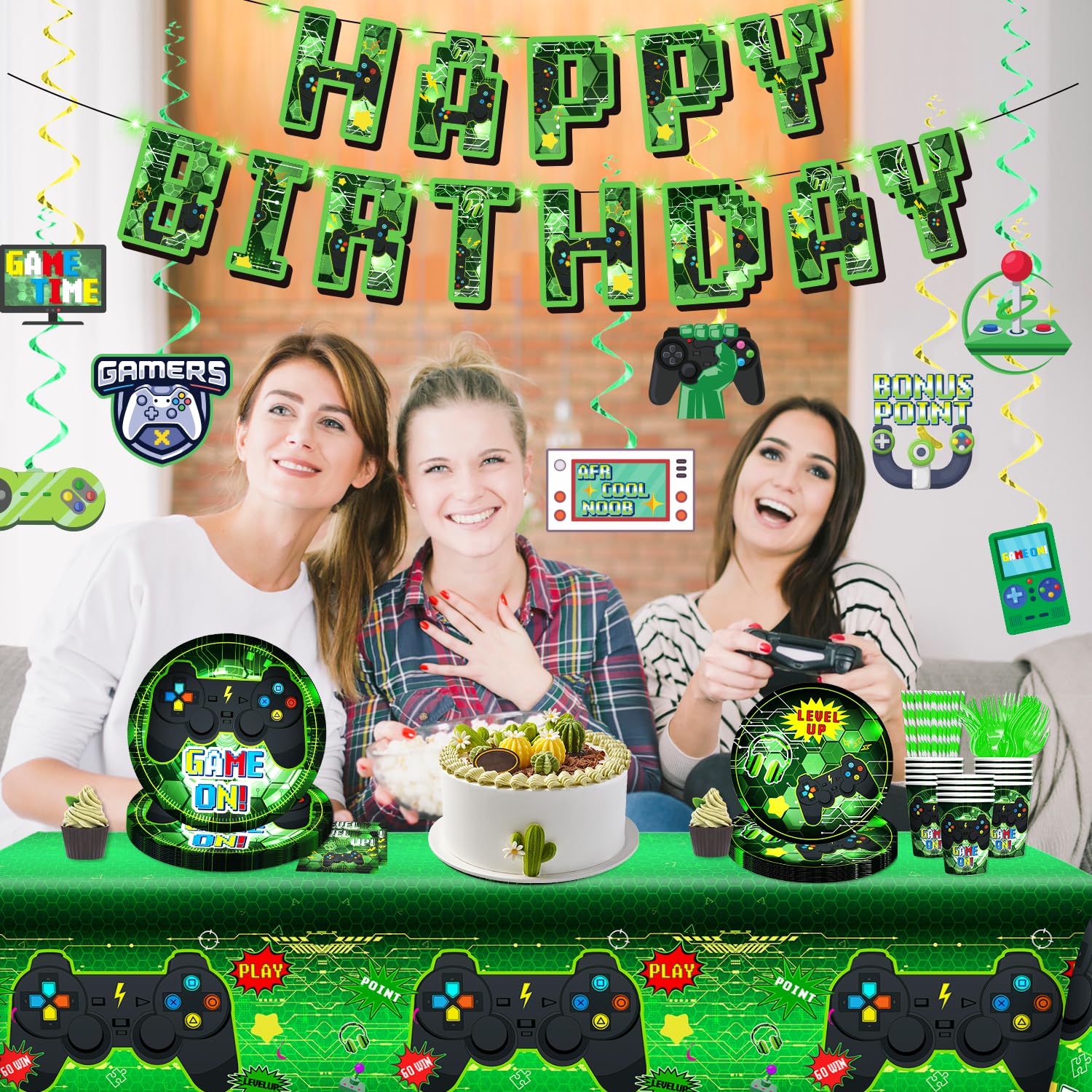 159-Piece Video Game Birthday Party Decorations Set - Includes Banner, Plates, Tablecloth & More - Gamer Themed Party Supplies for Boys - Serves 25 Guests (Green) - Perfect for Gaming Birthday Parties, Teen Celebrations & Esports Themed Events