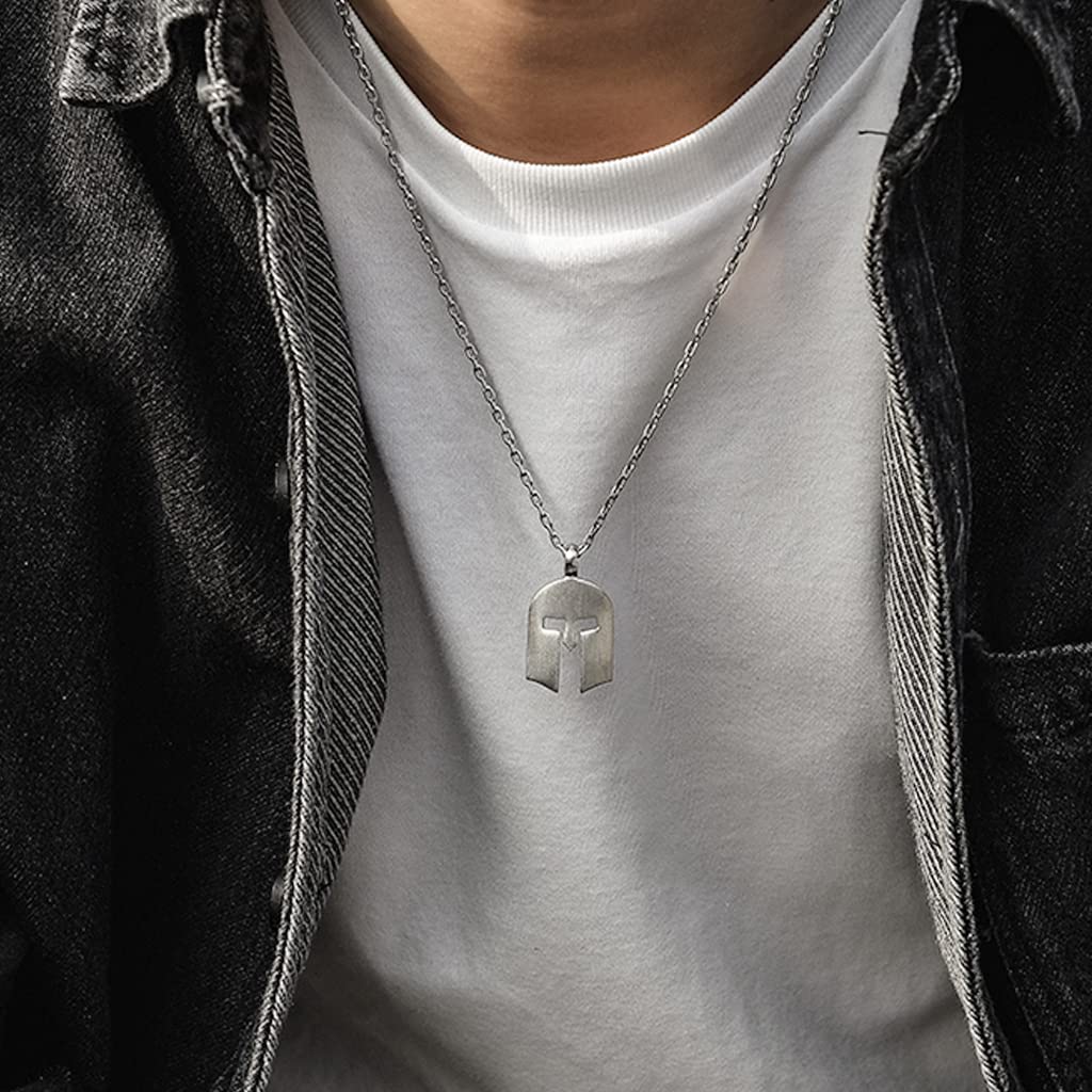 Feinny Men's Spartan Warrior Helmet Pendant Necklace - 925 Sterling Silver Handmade Dog Tag Chain with Adjustable Length | Perfect for Parties, Prom, Gifts & Everyday Wear