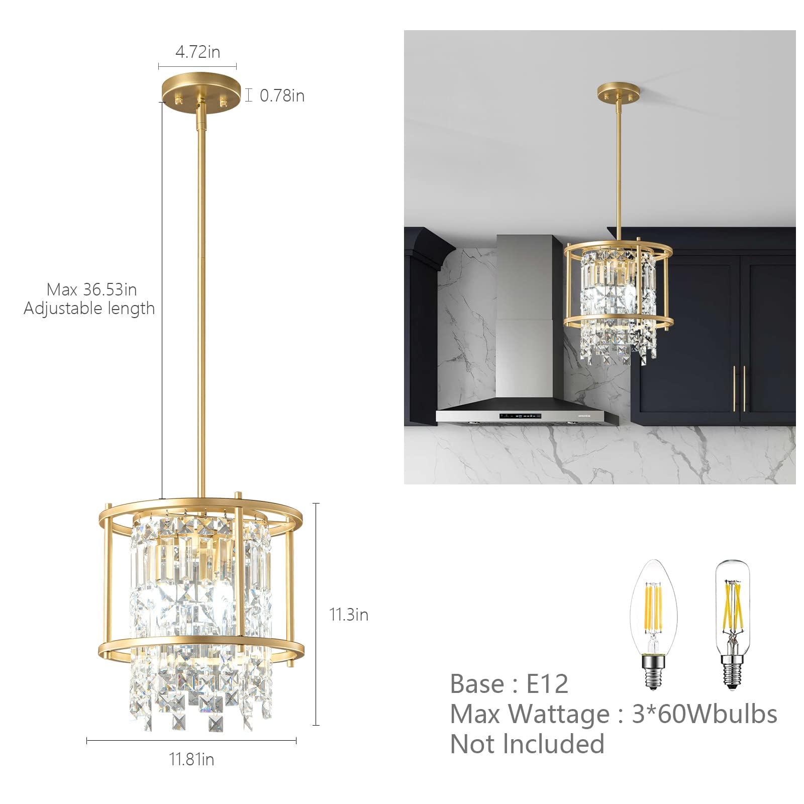 LMQNINE Modern Gold Crystal Pendant Light Fixture - 3-Light Semi Flush Mount Chandelier for Kitchen Island, Dining Room, Hallway, Entryway, Bedroom & Balcony | Elegant Lighting for Home Decor & Interior Design