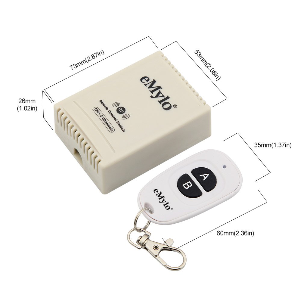 eMylo 12V Relay Switch with 433MHz Wireless RF Remote Control - 2-Channel System with 2 Transmitters for Door & Light Control | Home Automation & DIY Projects