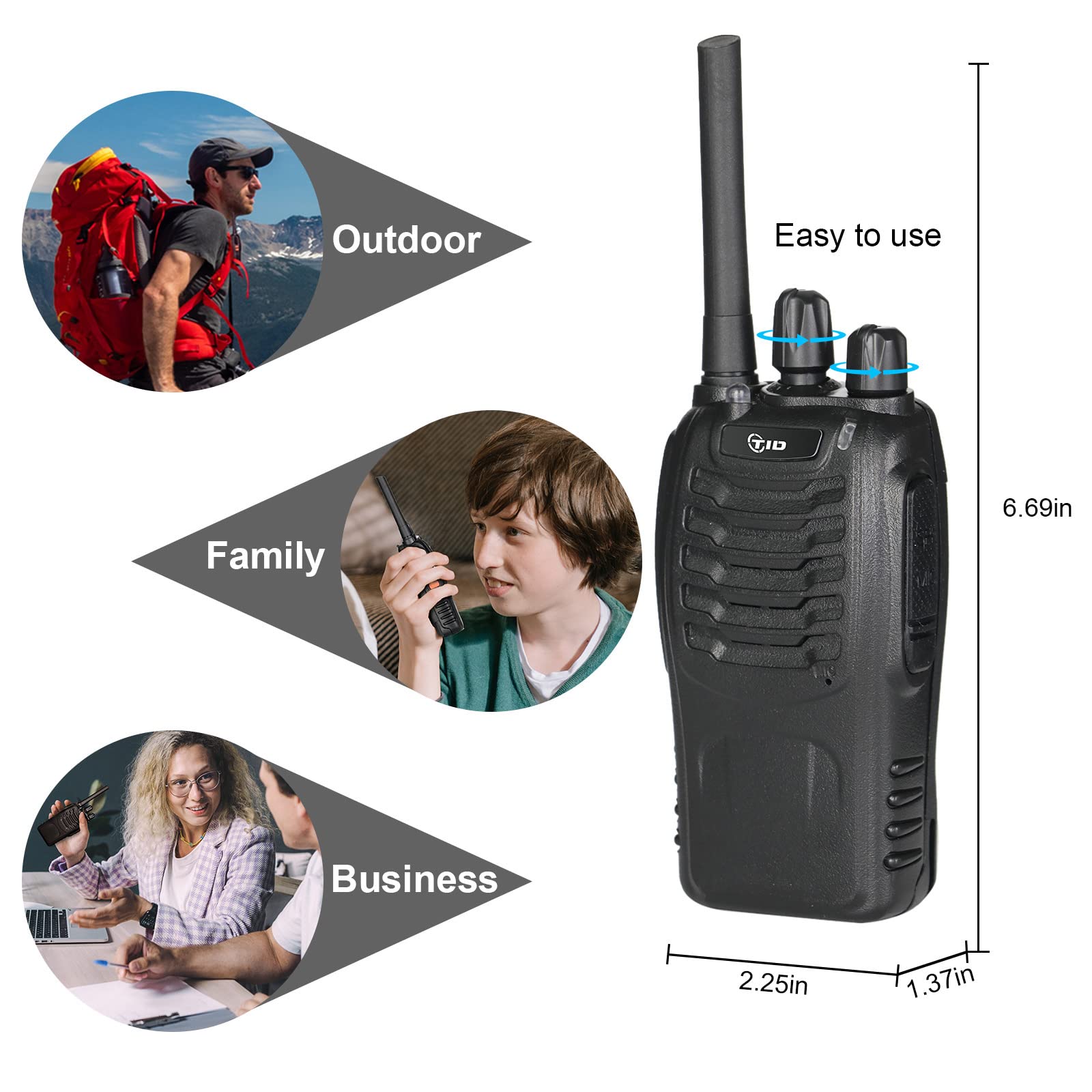 TIDRADO Long Range Walkie Talkies for Adults - 10 Pack Rechargeable Two Way Radios with 16CH, Frequency Copy, VOX & Flashlight - Ideal for Business, Outdoor Adventures & Emergency Communication (Black)