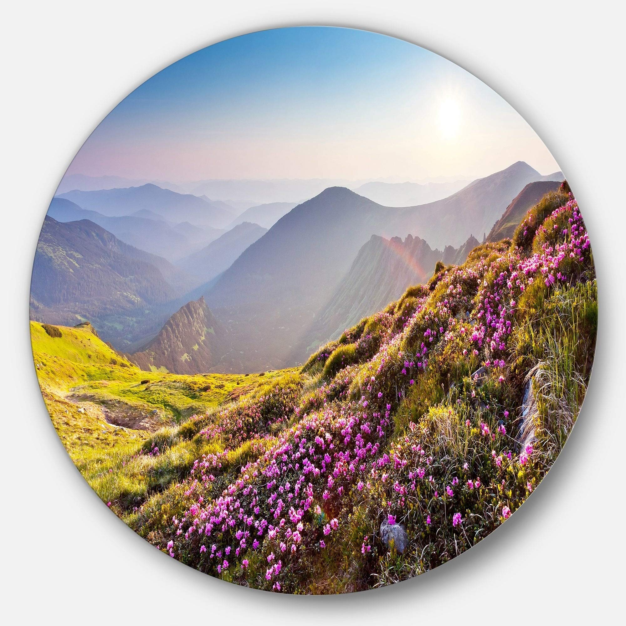 DesignArt 'Magic Pink Flowers on Mountains' Landscape Photography Round Wall Decor - 29 Inch Circular Canvas Print for Living Room, Bedroom & Office Decor