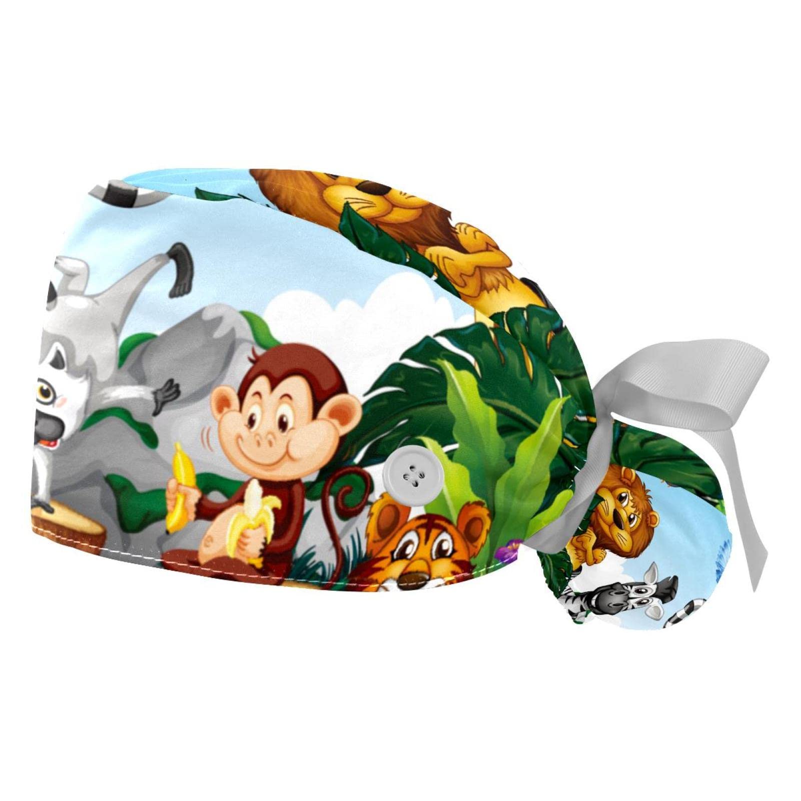 Wild Animals Print Scrub Hats for Women & Men - 2 Pack Surgical Caps with Button Closure & Sweatband - Long Hair Working Hats for Nurses, Doctors, Dentists - Perfect for Hospitals, Clinics & Healthcare Professionals