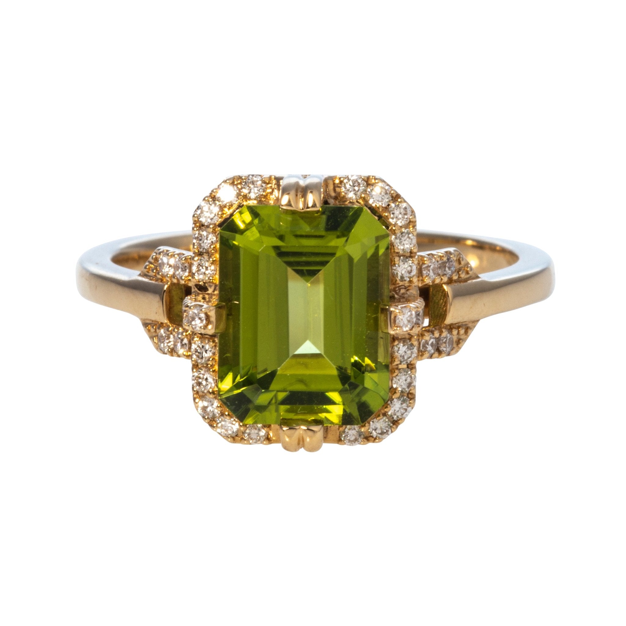 Goshwara 18K Gold Emerald Cut Peridot & Diamond Ring for Women | Elegant Green Gemstone Jewelry for Engagement, Wedding & Special Occasions