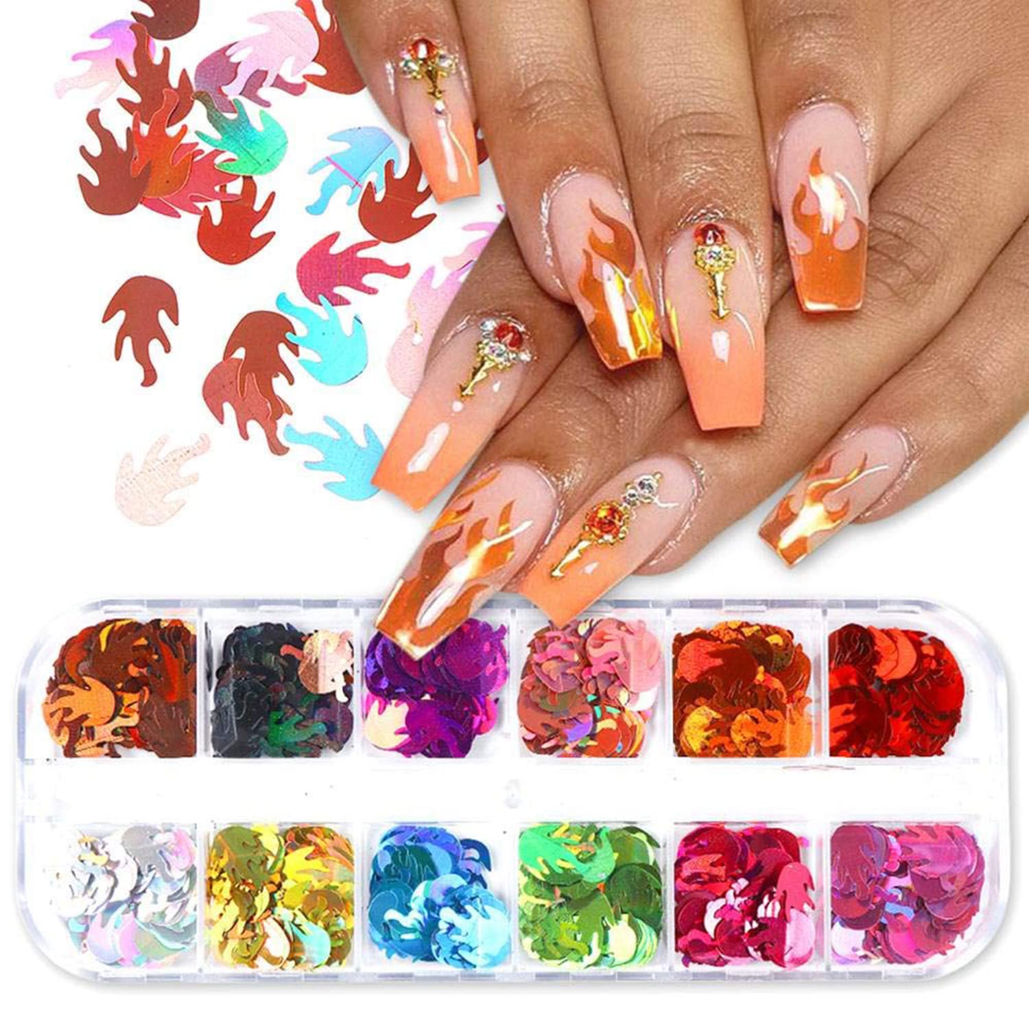 3D Holographic Flame Glitter Nail Art Sequins - 12 Color Sparkly Fire Shape Nail Flakes for DIY Manicure | Women & Girls Nail Decor Supplies | Perfect for Party, Halloween, Cosplay & Special Occasion Nail Designs