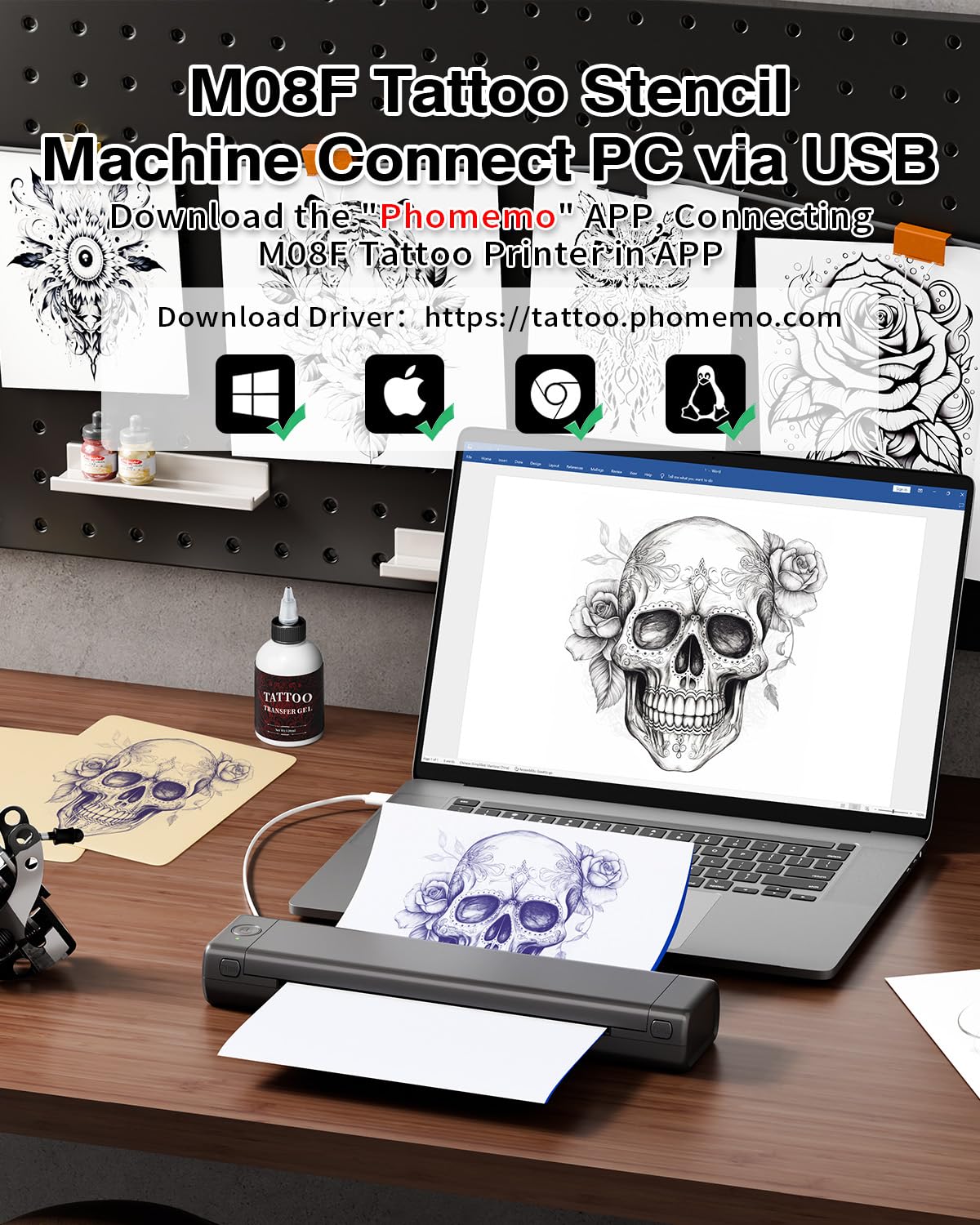 Phomemo Bluetooth Tattoo Stencil Printer - Wireless Thermal Tattoo Transfer Machine for Professional Artists & Beginners | Compatible with iPhone, Android & PC | Includes Storage Case & 10 Free Transfer Papers (Grey) | Perfect for Tattoo Studios, Home Use & Mobile Artists