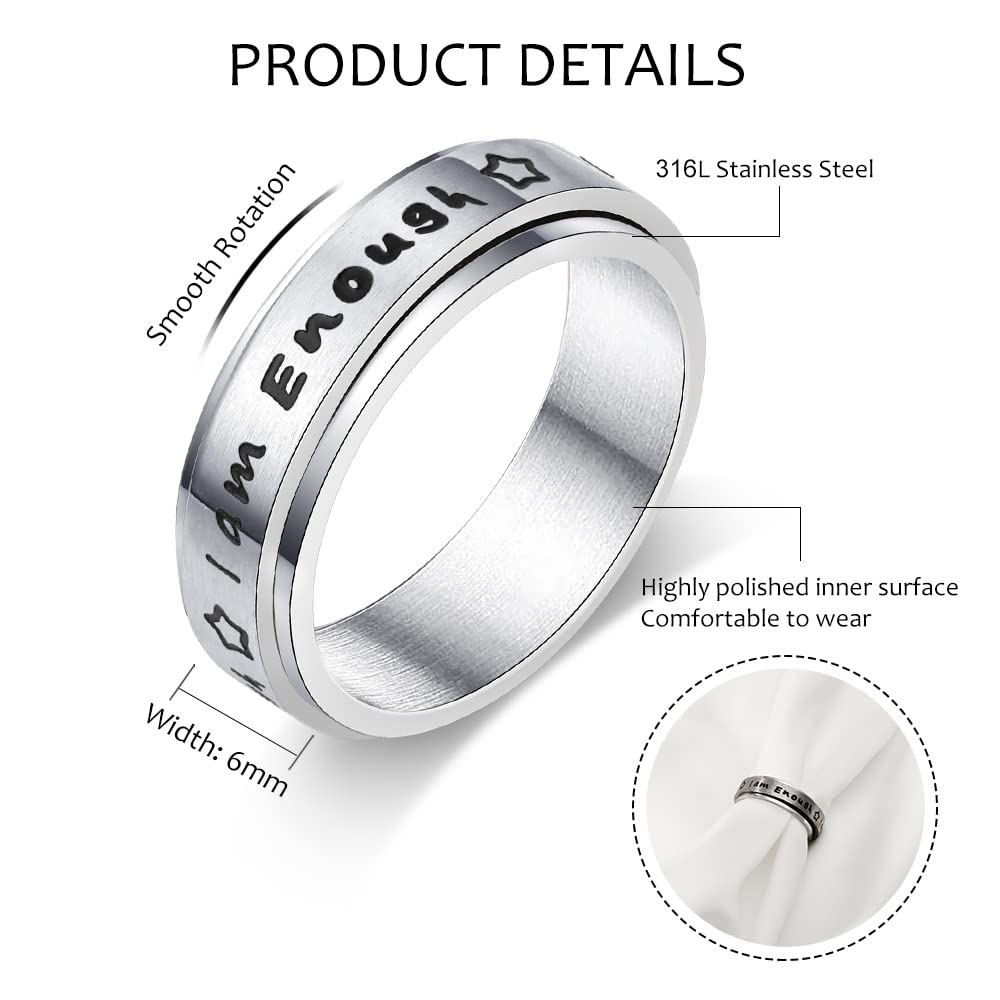 Stainless Steel Spinner Ring for Women & Men - Anxiety Relief Fidget Ring, Stress Relieving Therapy Jewelry, 'I Am Enough' Inspirational Promise Ring (Size 5-10) - Perfect for ADHD, Anxiety & Focus at Work or School