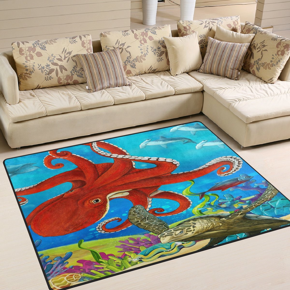 ALAZA Coral Reef Sea Turtle & Red Octopus Non-Slip Area Rug 5'3