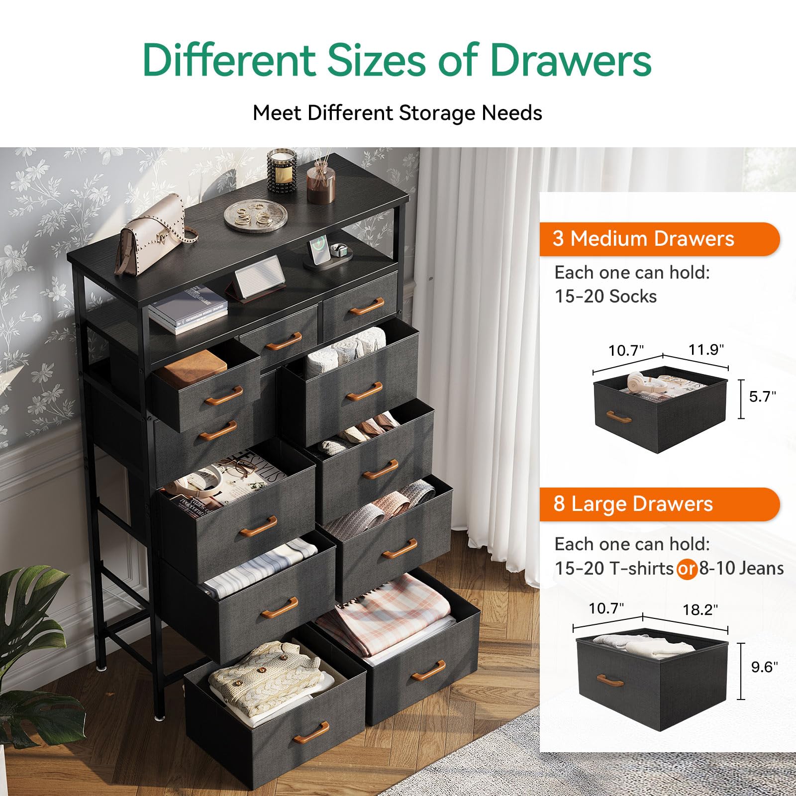 AODK 59-Inch Tall Dresser with Charging Station & 11 Storage Drawers - Large Fabric Dresser with Sturdy Metal Frame & Wooden Top for Bedroom Organization - Dark Grey - Perfect for Small Spaces, Apartment Living & Master Bedroom Storage