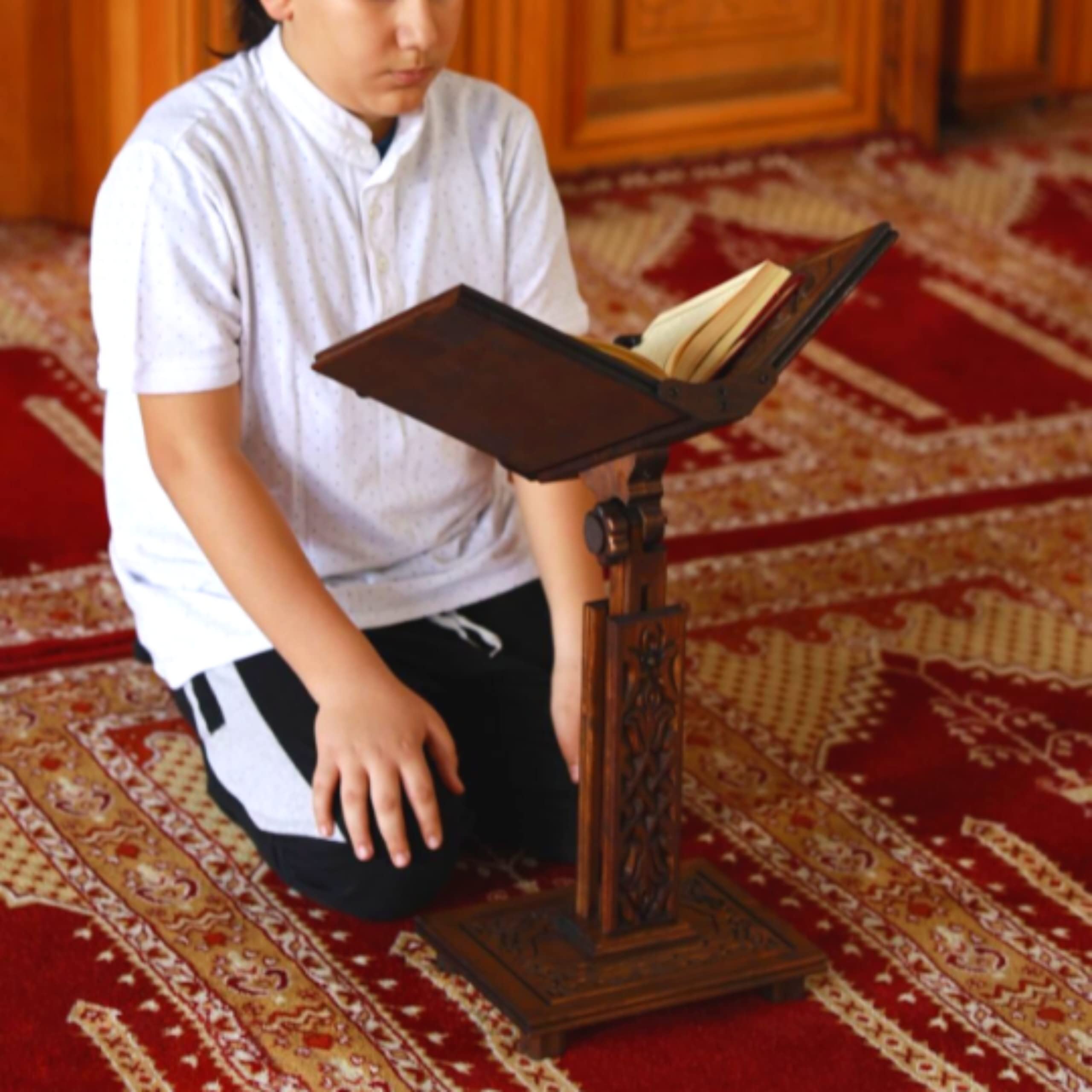 Adjustable Carved Wooden Book Stand Holder for Quran, Bible, Torah - Reading Desk Lectern for Dictionary, Cookbooks & Large Books - Perfect for Religious Study, Kitchen & Office Use