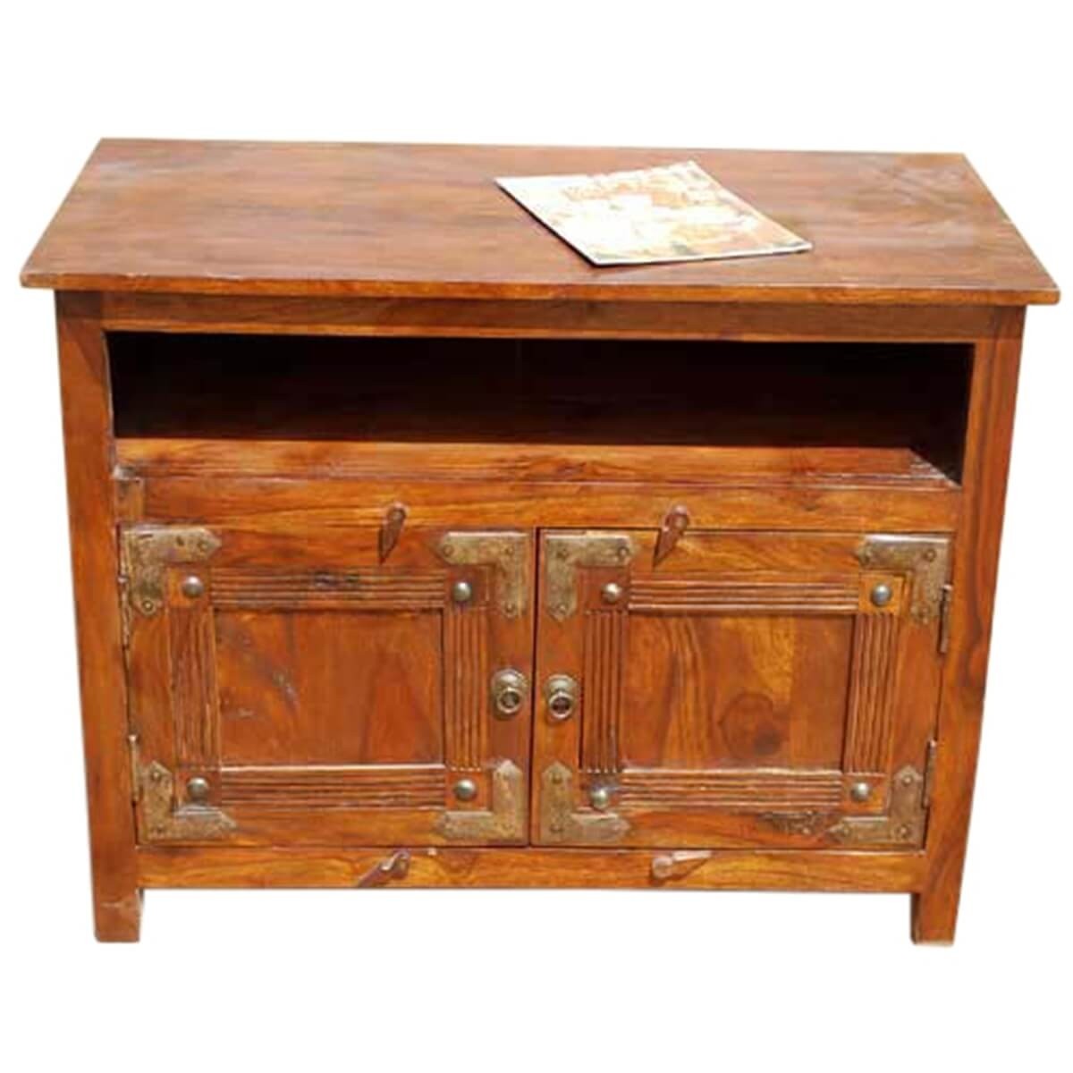 Premium Indian Solid Wood TV Stand Entertainment Center - Rustic Brown Finish for Living Room, Home Theater & Media Storage