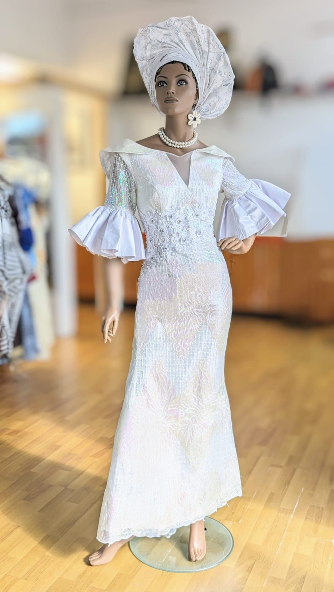 Elegant White African Sequin Lace Maxi Dress with Taffeta & Elbow Flare Sleeves | Formal Evening Gowns for Weddings, Prom, and Special Occasions