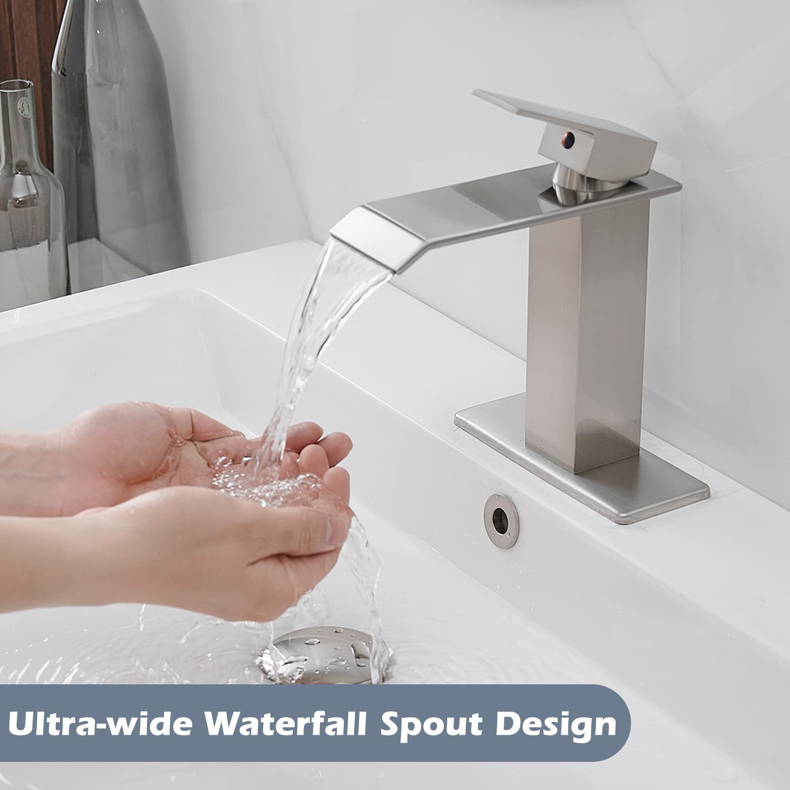 BWE Single Handle Bathroom Faucet Brushed Nickel - Waterfall Single Hole Bathroom Sink Faucet with Drain Stopper & Overflow - Perfect for Vessel Sinks, Vanities, and Modern Bathroom Upgrades