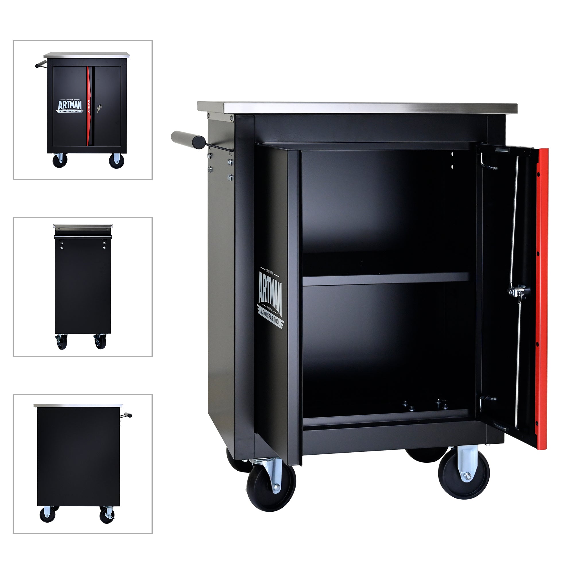 Double Door Clapboard Multi-Function Tool Cart - Black & Red | Heavy Duty Rolling Utility Cart for Workshop, Garage & Home Organization