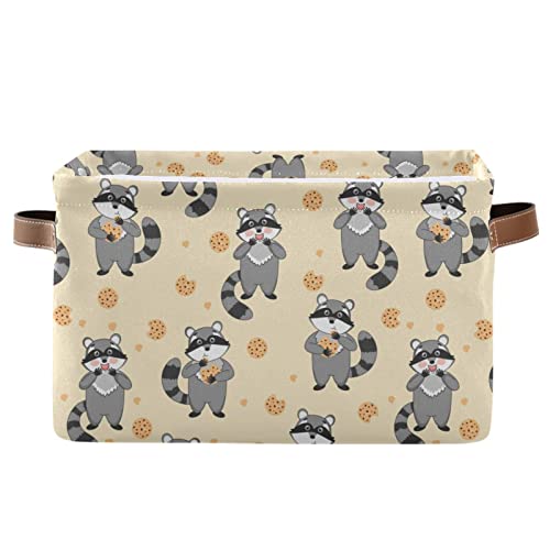 2 Pack Collapsible Storage Baskets with Handles - Raccoon Loves Cookies Design, Waterproof Nursery Organizer Bin for Shelves | Perfect for Kids' Room, Bathroom & Closet Organization