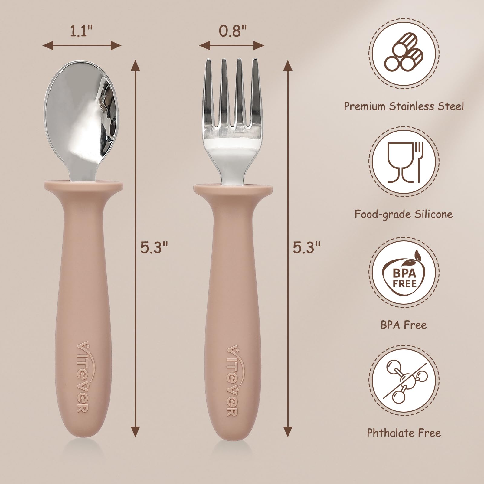 6-Piece Toddler Utensil Set with Silicone Handle - BPA-Free Kids Safe Spoons & Forks - 18/8 Stainless Steel & Food-Grade Silicone - Dishwasher Safe - Perfect for Baby-Led Weaning, Preschool Meals & Travel Feeding (Tan)