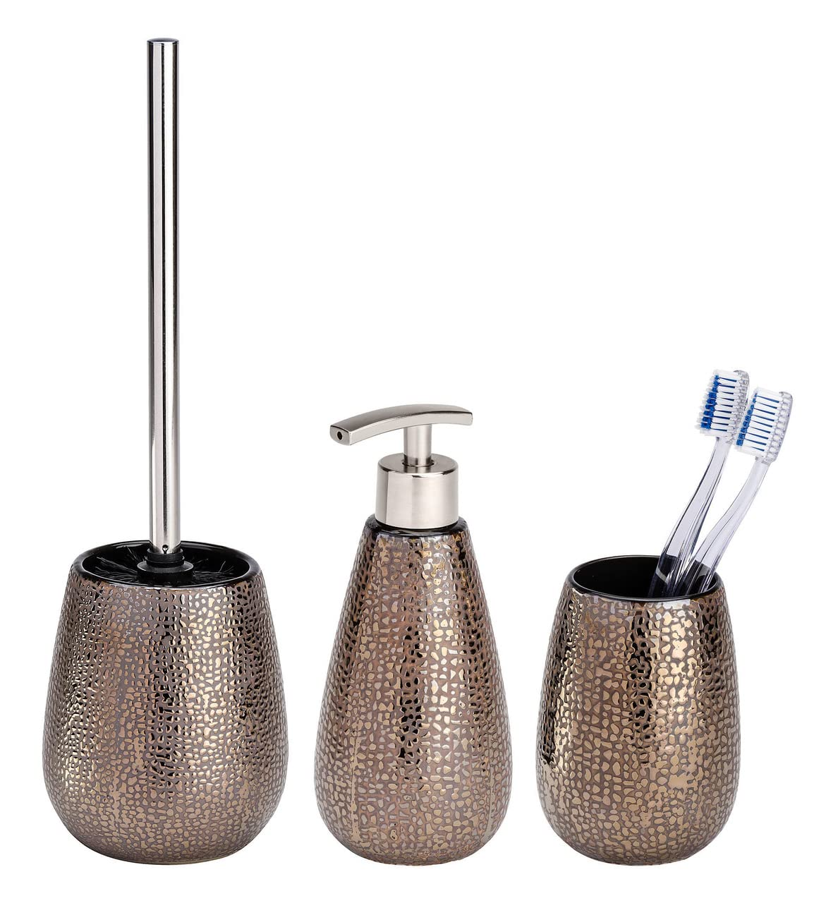 WENKO Marrakesh 3-Piece Bathroom Accessory Set - Soap Dispenser, Toothbrush Holder & Tumbler - Modern Spa Style for Bathroom Countertop Organization & Decor