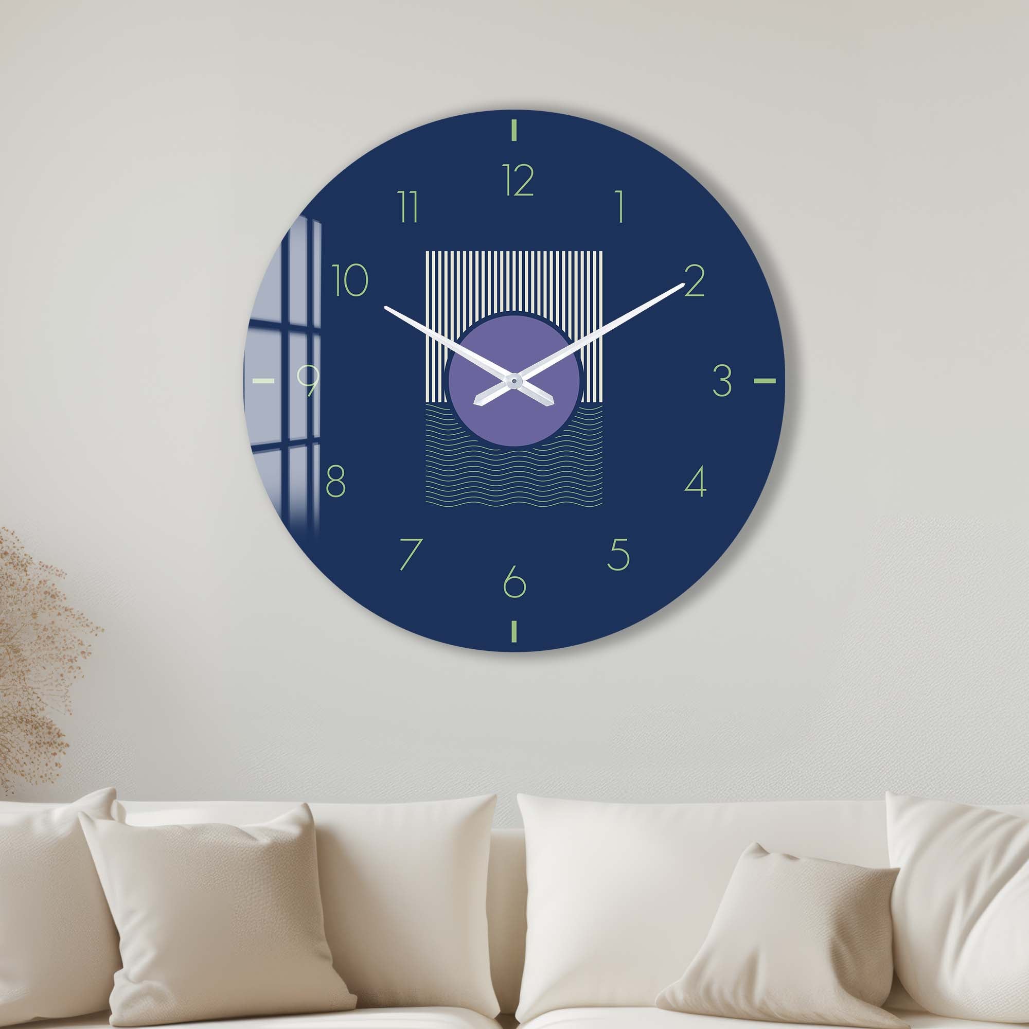 Navy Blue Glass Wall Clock - Modern Decorative Clock for Living Room, Bedroom & Office - Silent Non-Ticking Battery Operated