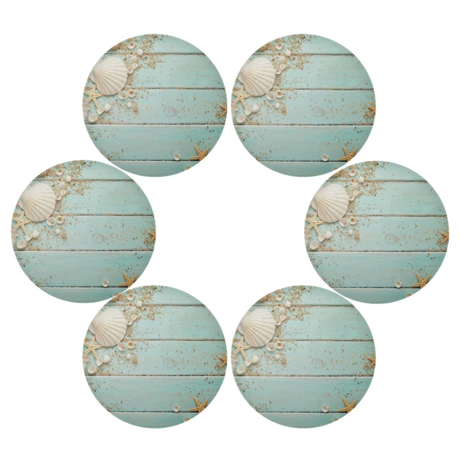 ALAZA Beach Seashells on Wooden Board Round Placemats - Set of 6 Natural Coastal Dining Table Mats for Home Kitchen Decor | Perfect for Beach-Themed Parties, Summer Entertaining & Holiday Table Settings