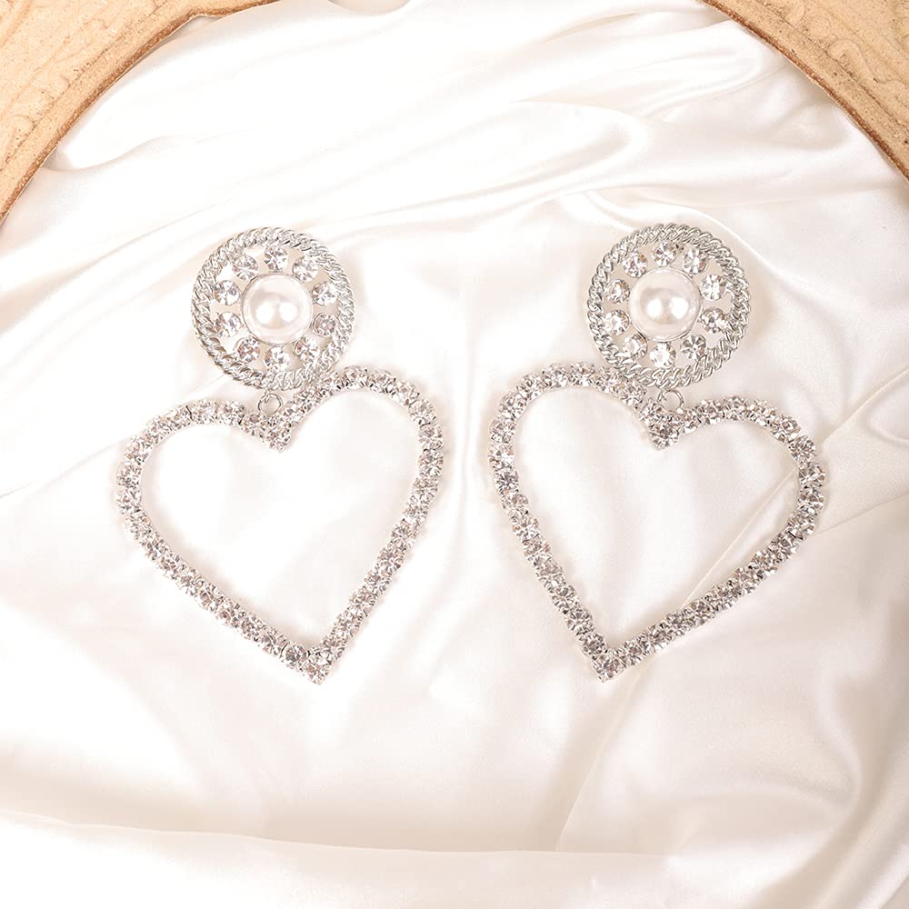 Wiwpar Large Rhinestone Heart Hoop Earrings for Women - Silver Love Heart Drop Earrings | Perfect for Valentine's Day, Date Night & Special Occasions