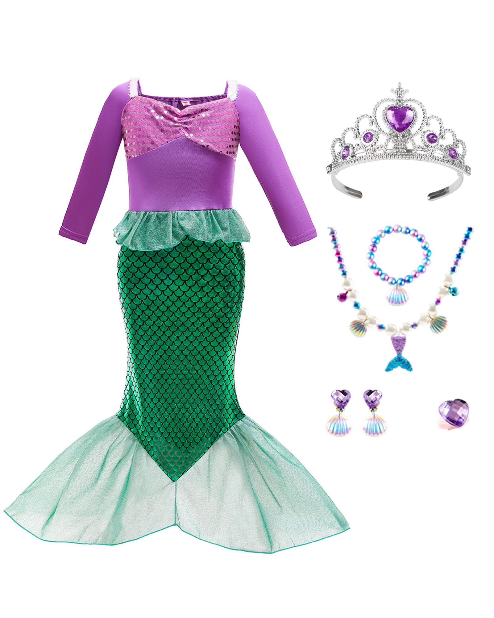 Sparkly Mermaid Princess Costume for Girls with Tiara & Accessories | Halloween Dress Up, Birthday Party, Under the Sea Theme Photo Shoot | Kids Fantasy Play Dress
