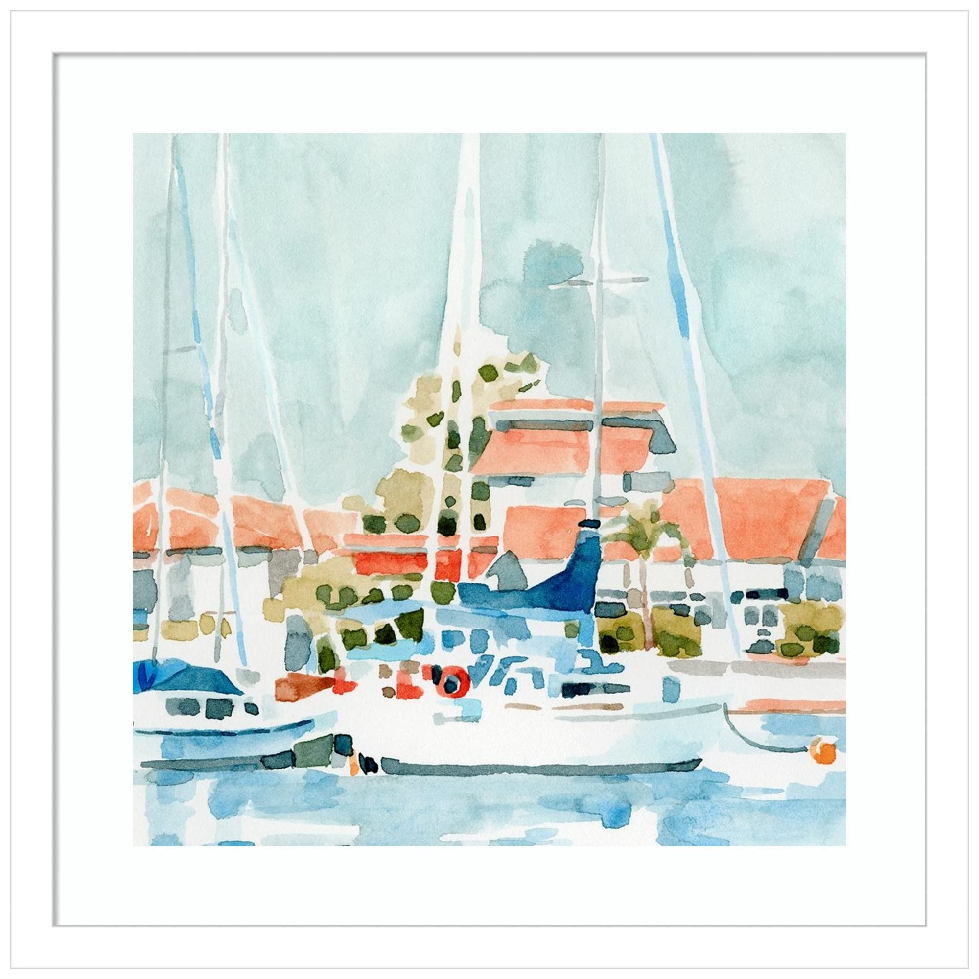 Emma Caroline Beach Town Summer Wall Art Print - 17x17 Inch Wood Framed Coastal Decor for Living Room, Bedroom & Office | Svelte White Frame