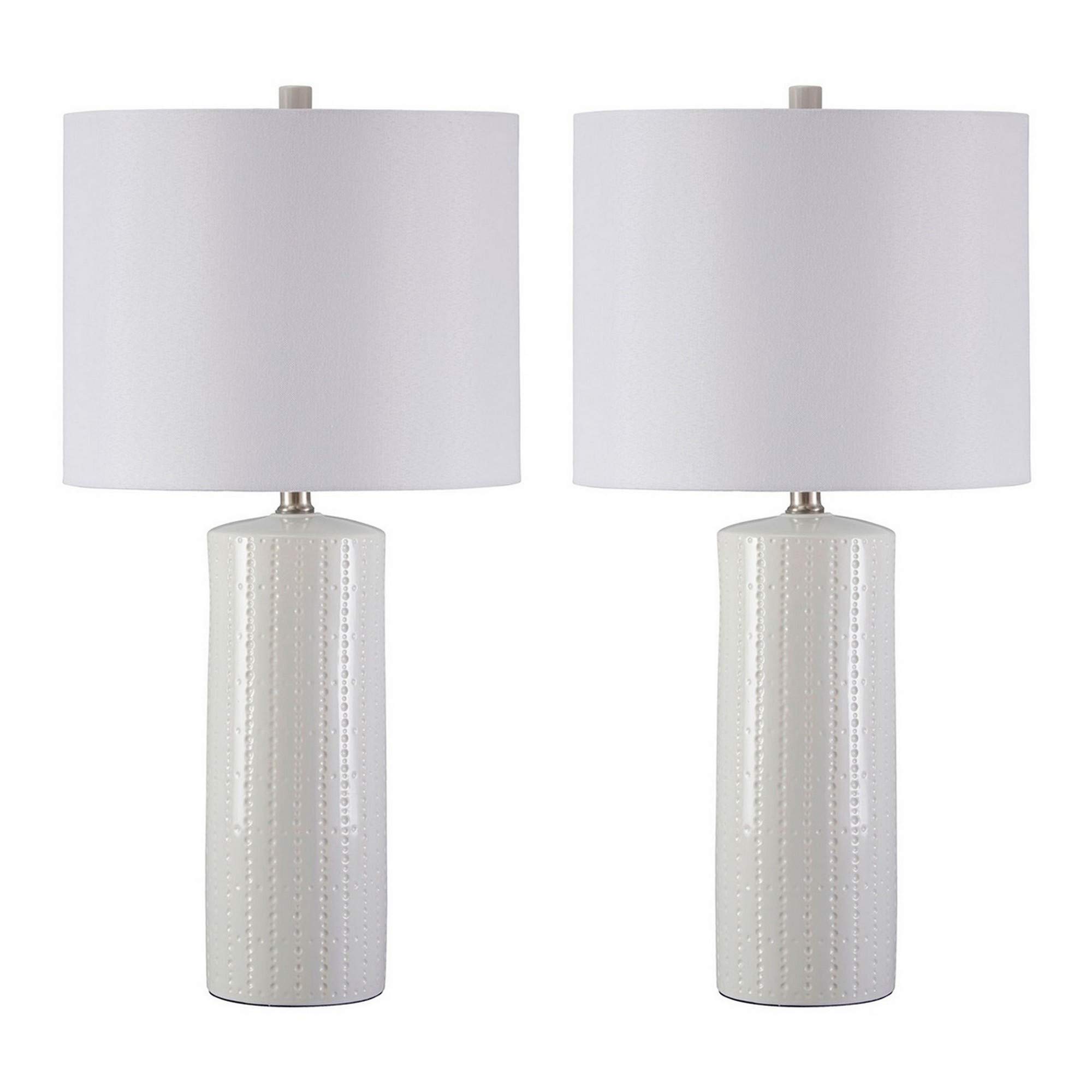 Benjara 2-Pack White Carved Ceramic Table Lamp with Drum Shade - Elegant Home & Office Lighting for Bedroom, Living Room, or Study Decor