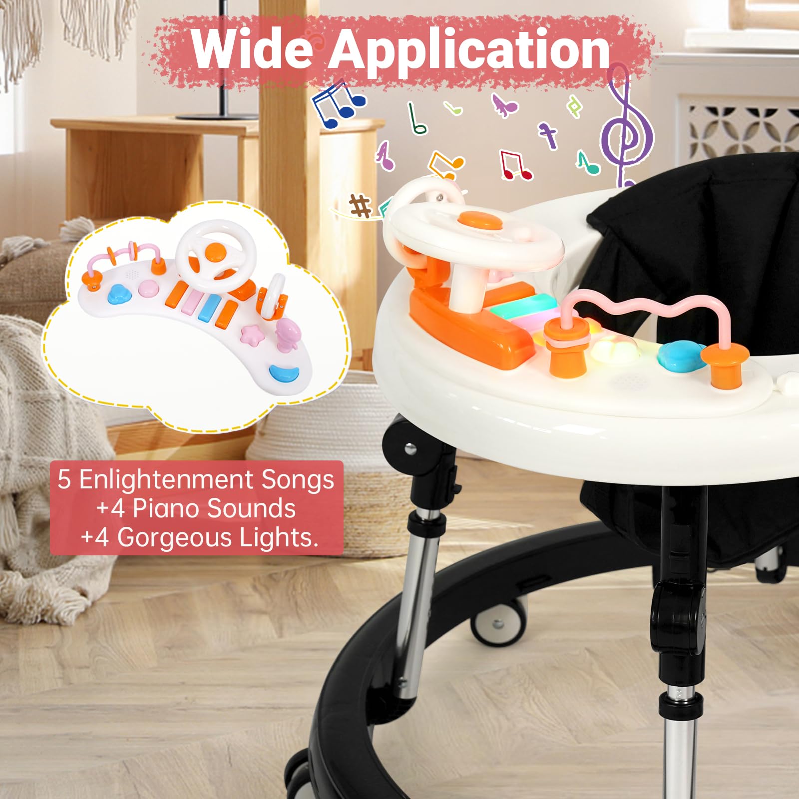Foldable Baby Walker with Music & Lights - Adjustable 9 Height Levels, Wheels for Easy Mobility - Activity Center for Boys & Girls 7-18 Months - Perfect for Learning to Walk & Indoor Playtime