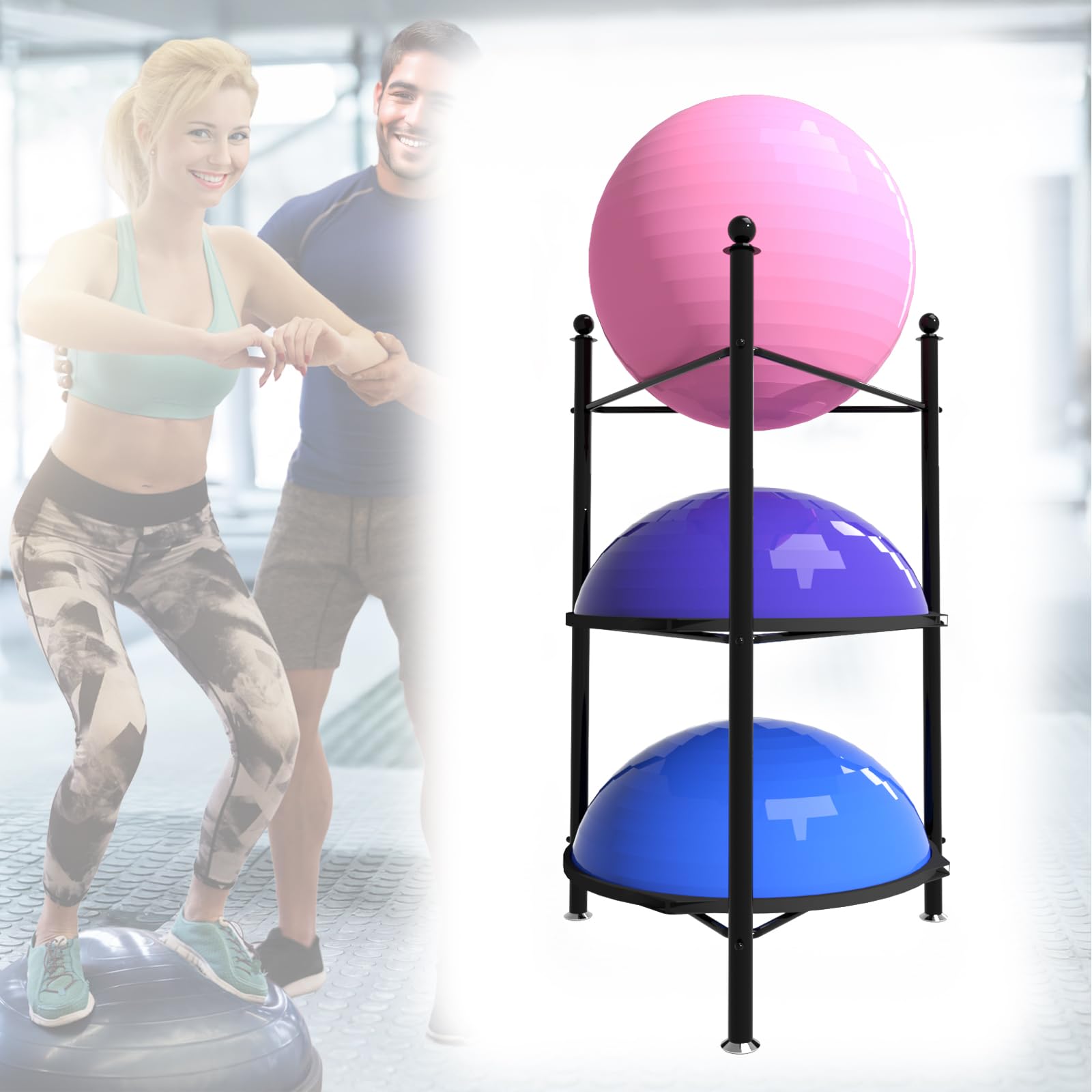 3/5 Tier Iron Half Exercise Ball Rack - Heavy Duty Yoga Ball Holder for Half Ball & Balance Trainer, Perfect for Home Gym, Studio, and Fitness Training - Space Saving Storage Solution