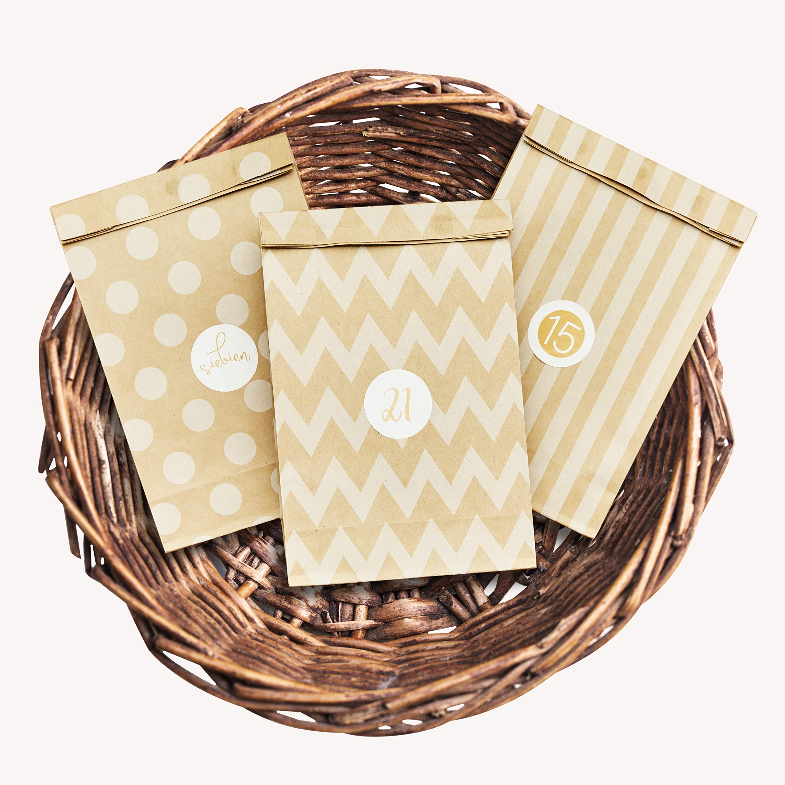 24 Premium Recyclable Kraft Paper Gift Bags with Stickers - DIY Advent Calendar, Christmas Gifts & Party Favors - Perfect for Holiday Wrapping, Birthday Presents & Wedding Favors