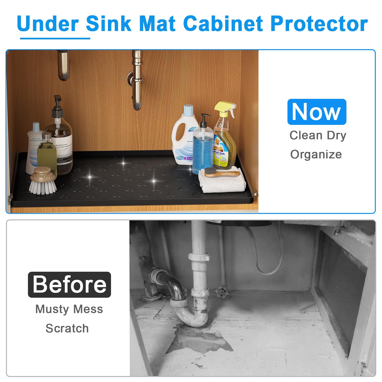 Waterproof Under Sink Mat 34x22 Inch - Kitchen Cabinet Liner for Drip Protection (Black) - Perfect for Bathroom & Kitchen Use