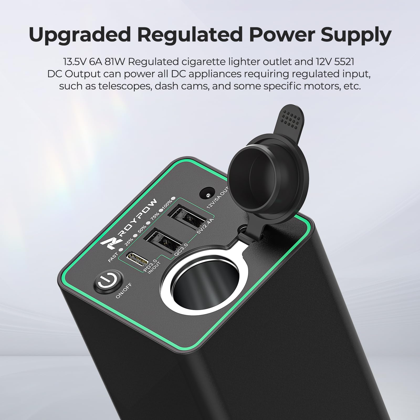 RoyPow 30W PD Portable Charger with 12V 10A Cigarette Lighter Socket - 86.58Wh USB C Power Bank for Laptop & Devices - 18W QC & 12V DC Battery Pack - Ideal for Dash Cam, Astrophotography, Camping, Road Trips & Outdoor Adventures