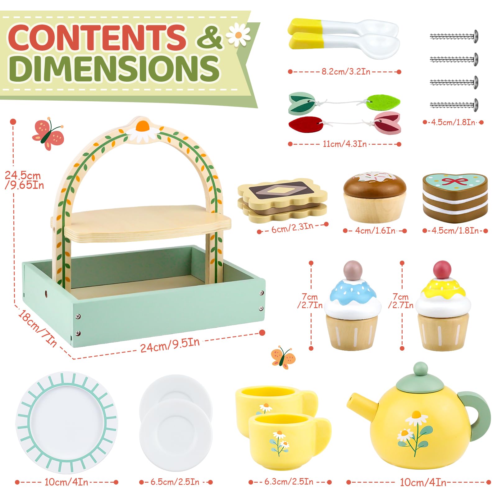 Wooden Tea Set for Kids Ages 1-6 | Pretend Play Kitchen Toy with Play Food & Cake | Princess Themed Toddler Playset for Boys & Girls | Perfect for Birthday Parties, Tea Time Pretend Play & Early Learning